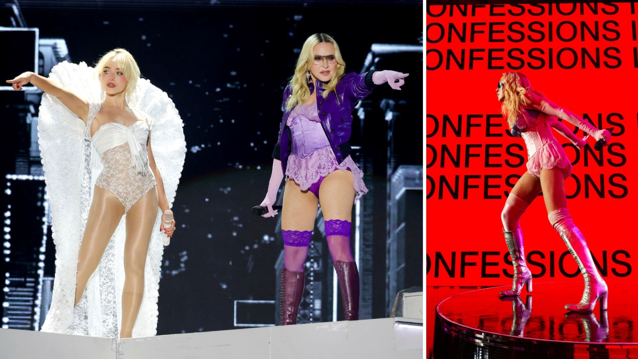Madonna si esibisce con Sabrina Carpenter sul palco del Coachella durante il Coachella Valley Music and Arts Festival 2026, tenutosi all’Empire Polo Club il 17 aprile 2026 a Indio, in California; Madonna si esibisce live in tour - Credits: Getty Images; Immagini tratte dal profilo Instagram di Madonna