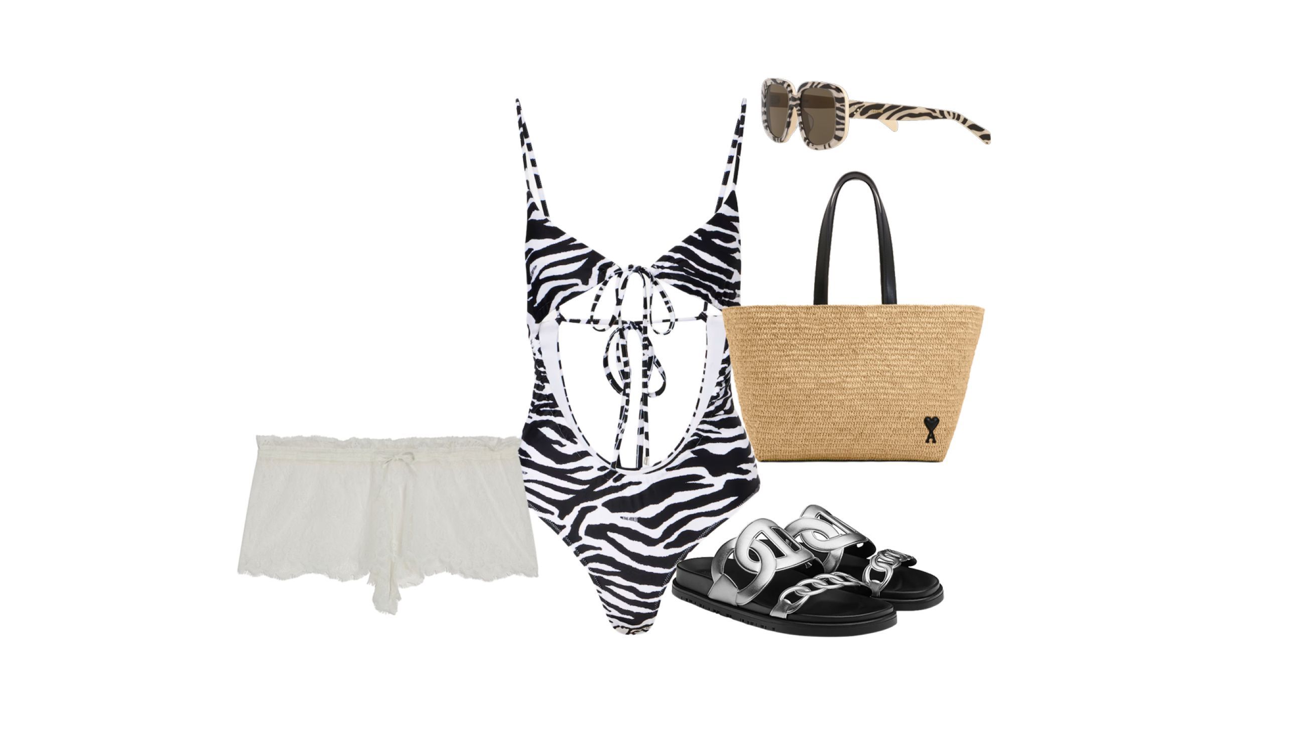Costume The Attico, shorts Erika Cavallini, ciabatte Hermès, borsa Ami Paris, occhiali da sole Celine
