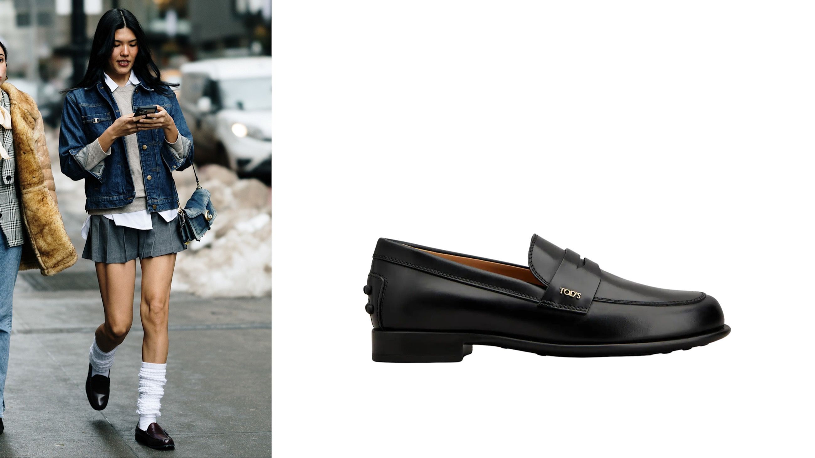 Da sinistra: street style, credits Launchmetrics.com/Spotlight; mocassino classico nero, Tod’s
