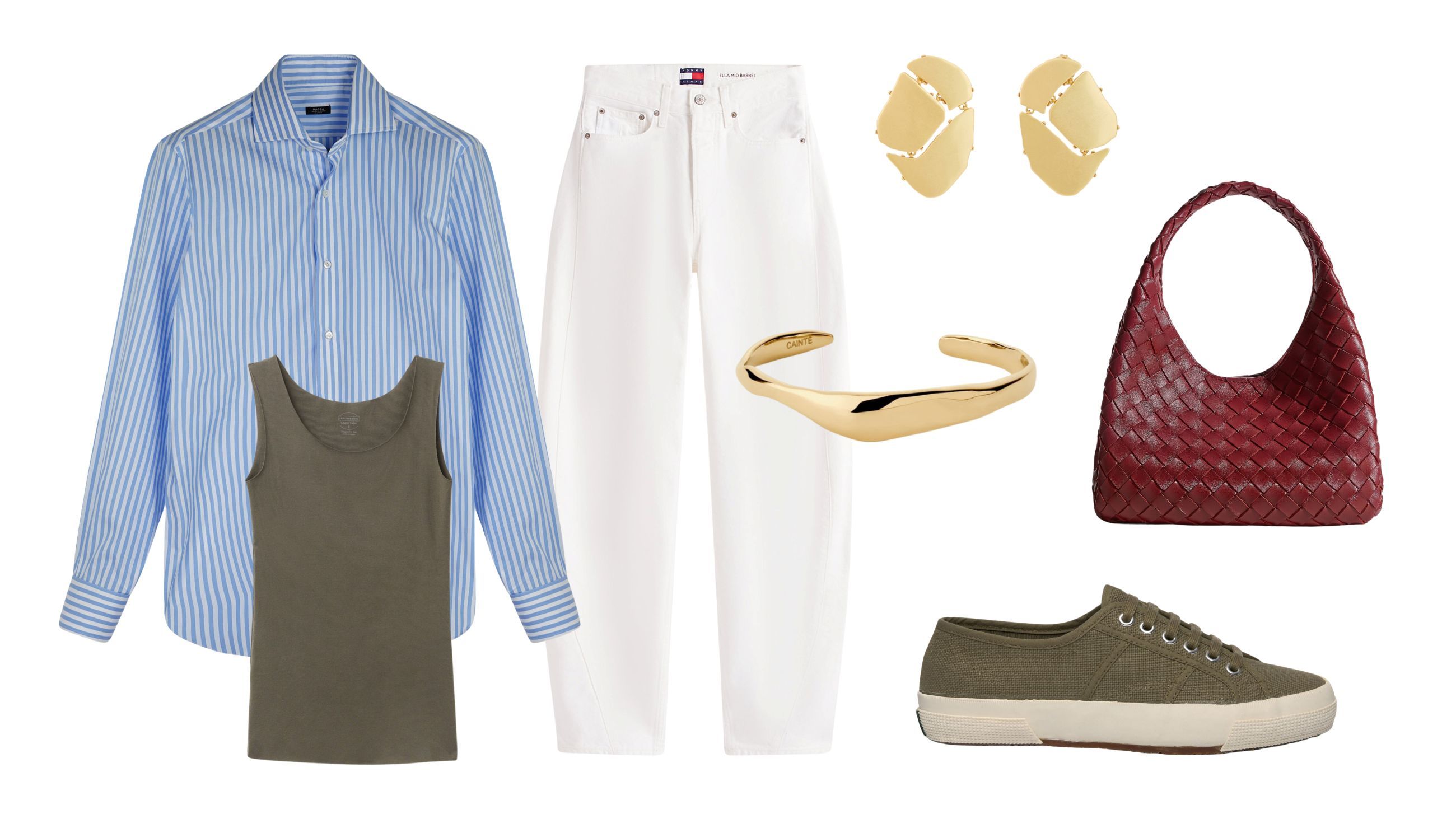 Camicia, Barba; canottiera, Intimissimi; jeans, Tommy Hilfiger; scarpe, Superga; borsa, Bottega Veneta; orecchini, Zimmermann; bracciale, Caintè