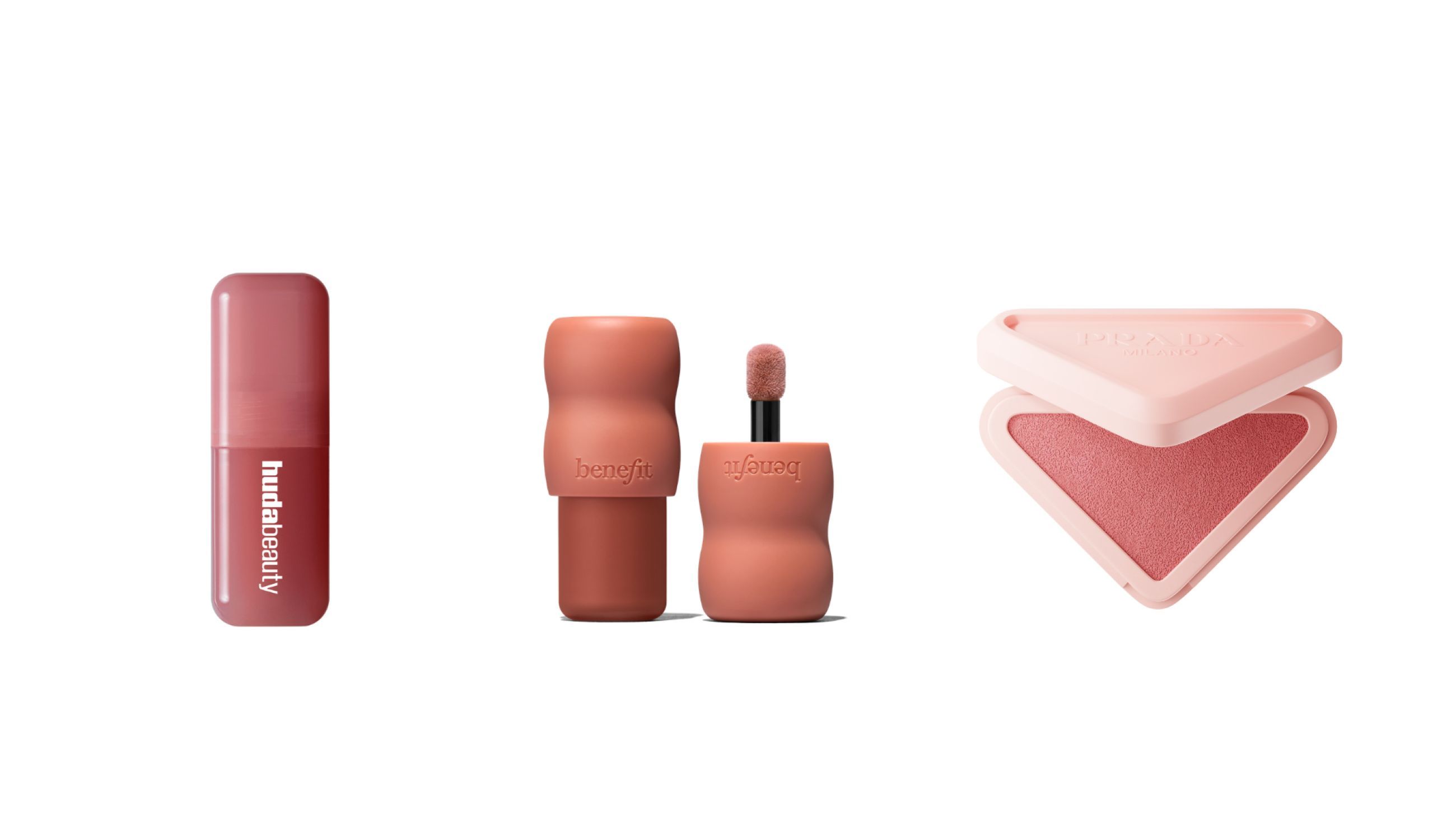 Da sinistra: Huda Beauty, Blush Filter; Benefit, Play Daze Blush; Prada, Touch Blush - Courtesy Press Office