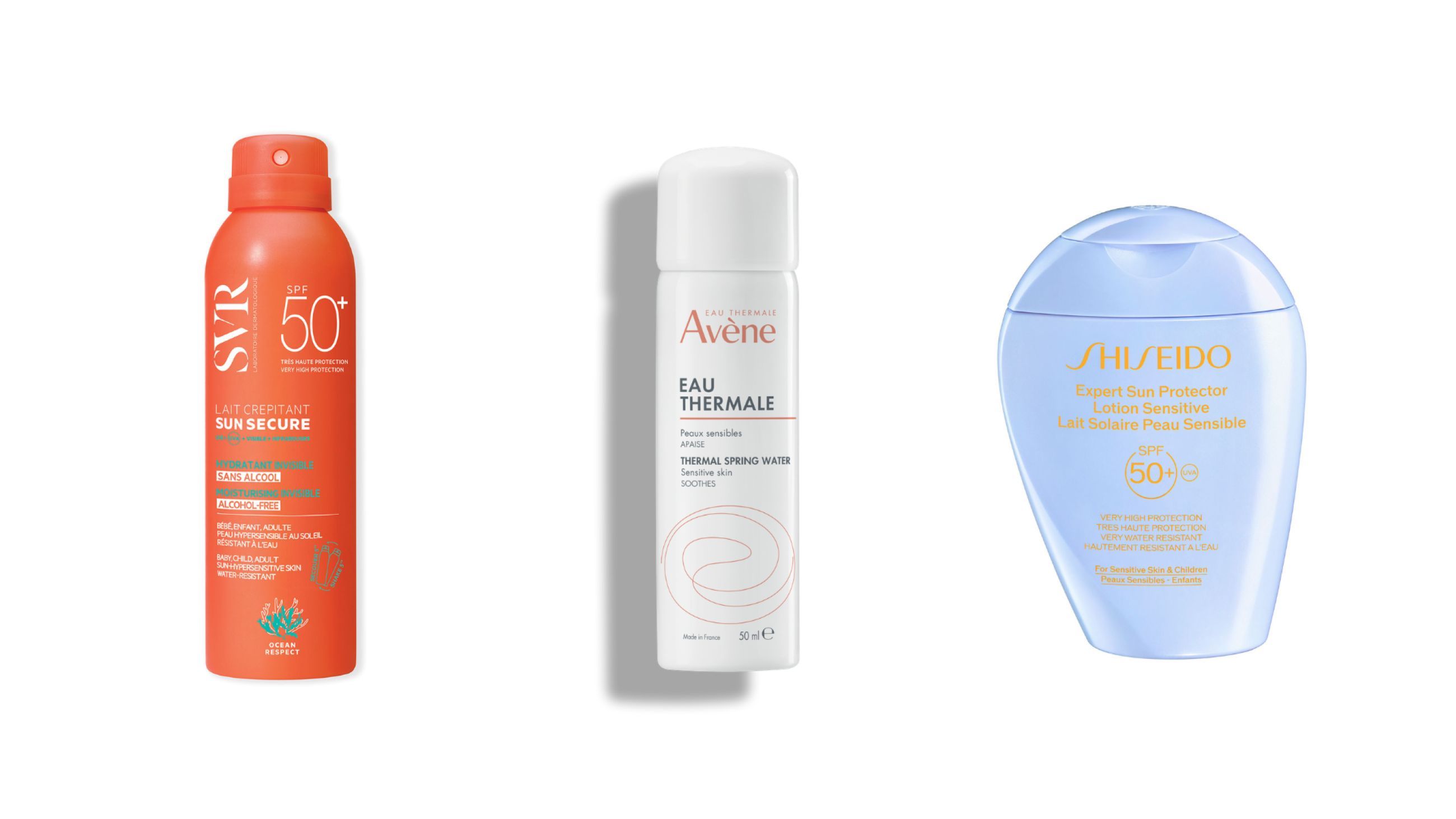 Da sinistra: SVR, Sun Secure Latte Invisibile SPF50+; Avène, Acqua Termale; Shiseido, Expert Sun Protector Lotion Sensitive 50+ - Courtesy Press Office