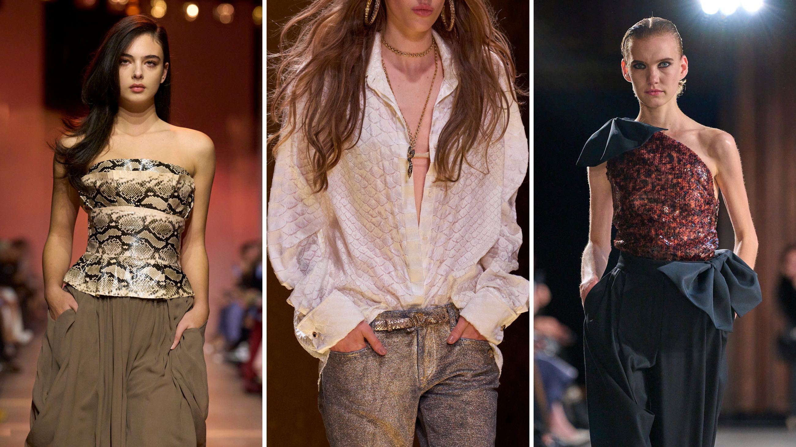 Collezioni PE26: da sinistra, outfit di Elie Saab, Roberto Cavalli e Nina Ricci - Credits: Launchmetrics.com/Spotlight