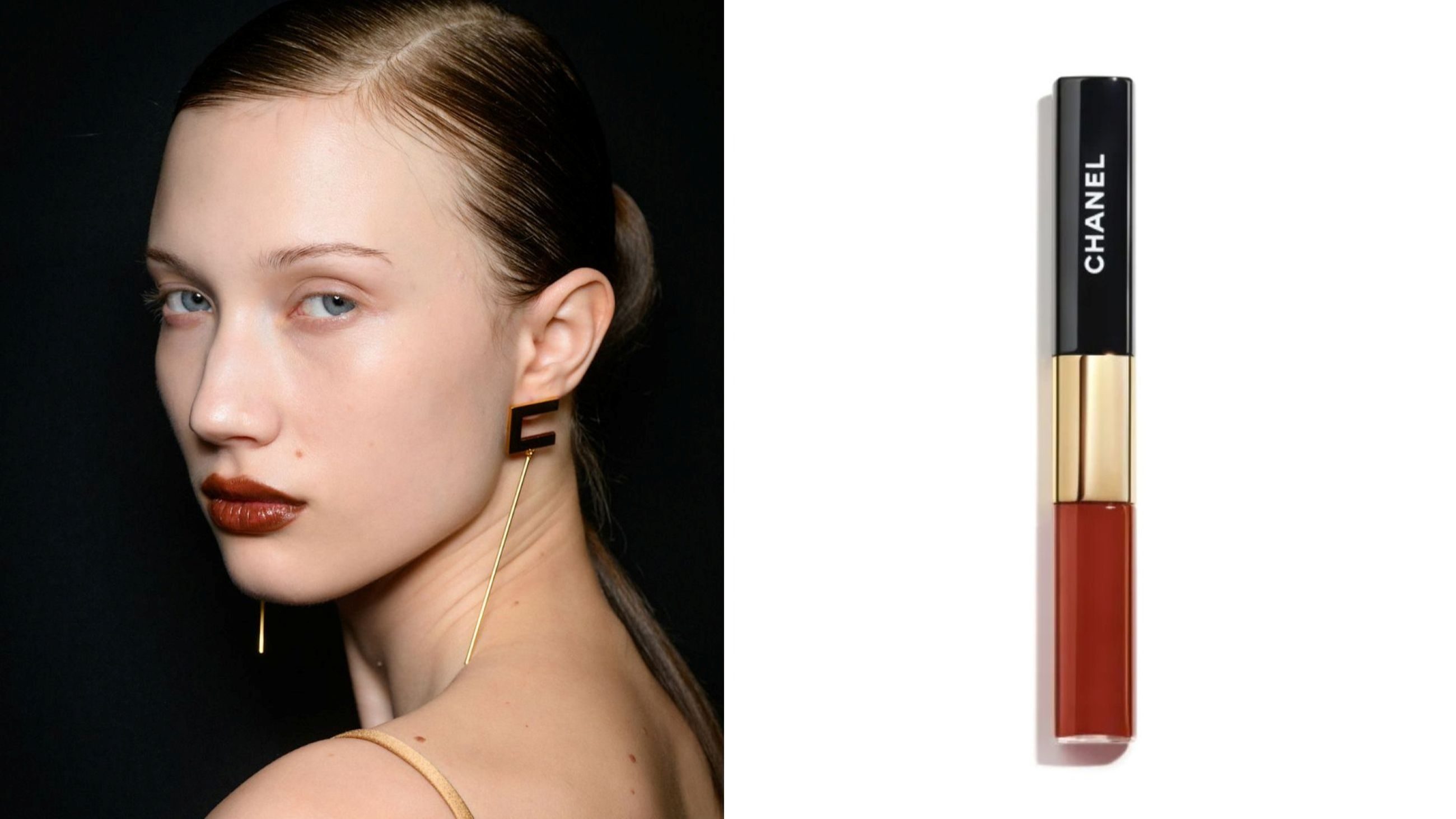 Labbra Gioiello, Elisabetta Franchi FW25; Le Rouge Ultra Tenue di Chanel - Credits: Launchmetrics.com/Spotlight; Courtesy Press Office