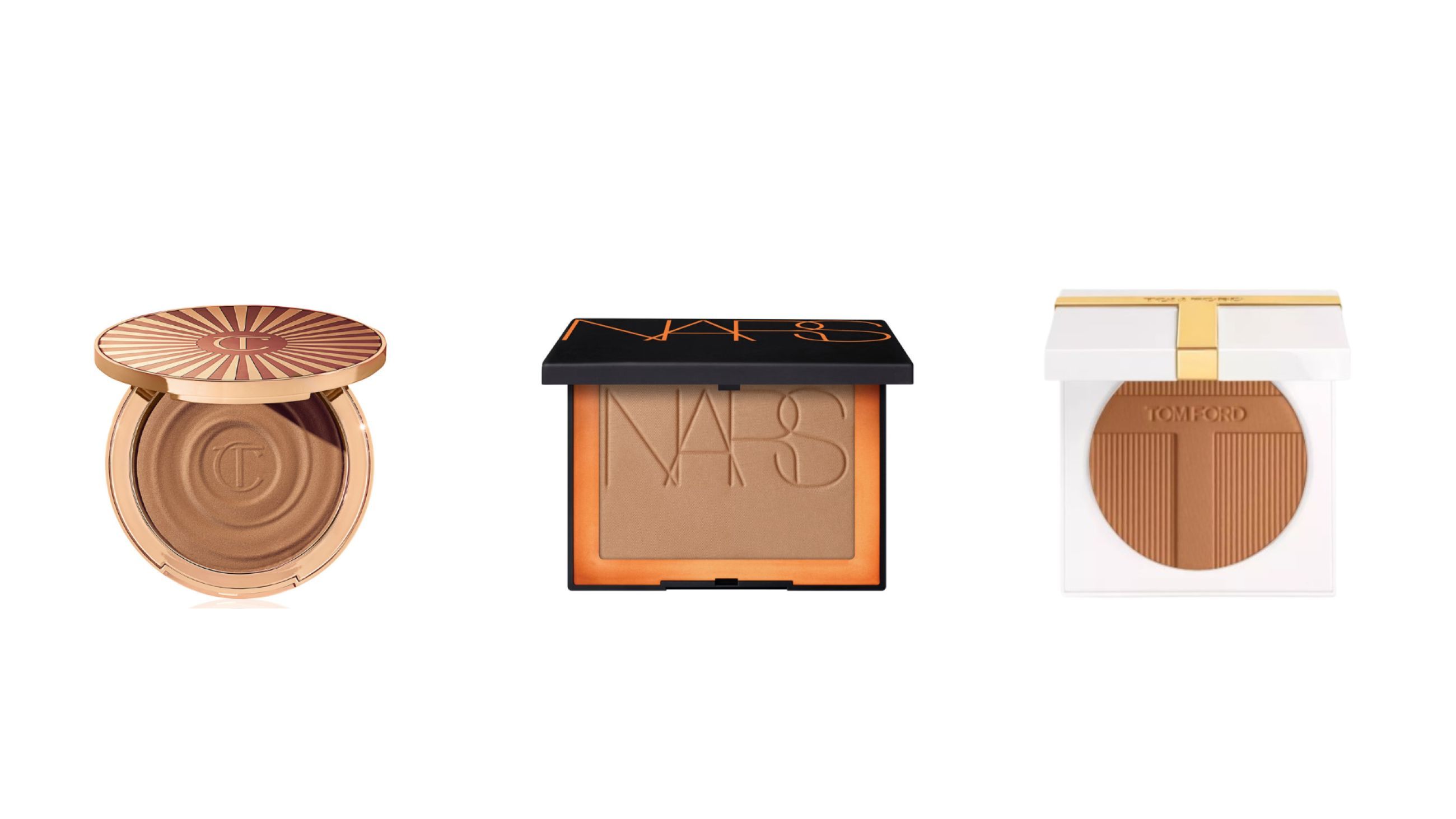 Da sinistra: Charlotte Tilbury, Beautiful Skin Sun-Kissed Glow Bronzer; Nars, Laguna Bronzing Powder; Tom Ford, Soleil Bronzing Powder - Courtesy Press Office