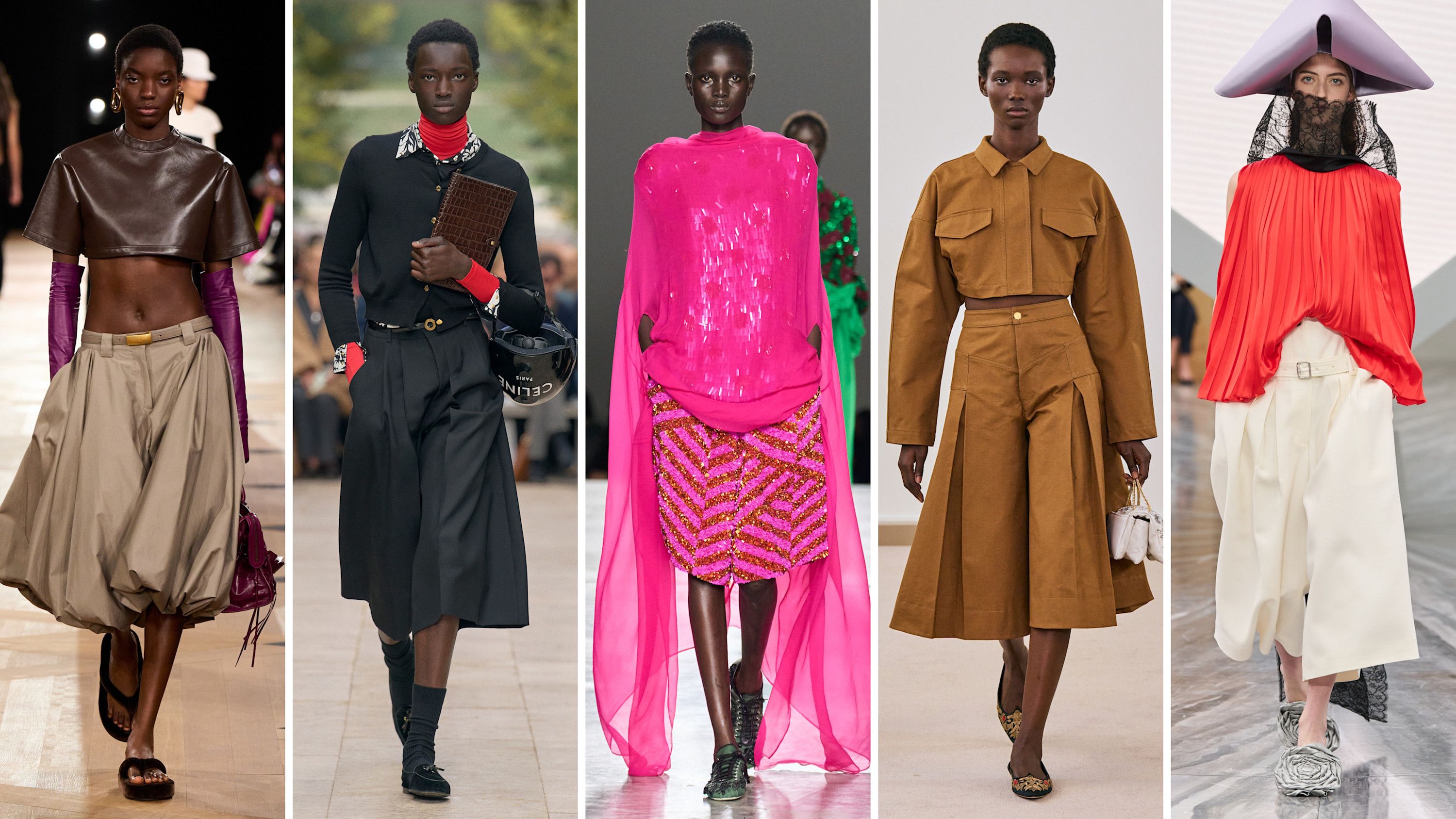 Dalle sfilate PE26: da sinistra look di Balenciaga, Celine, Dries Van Noten, Giambattista Valli e Christian Dior - Credits: Launchmetrics.com/Spotlight
