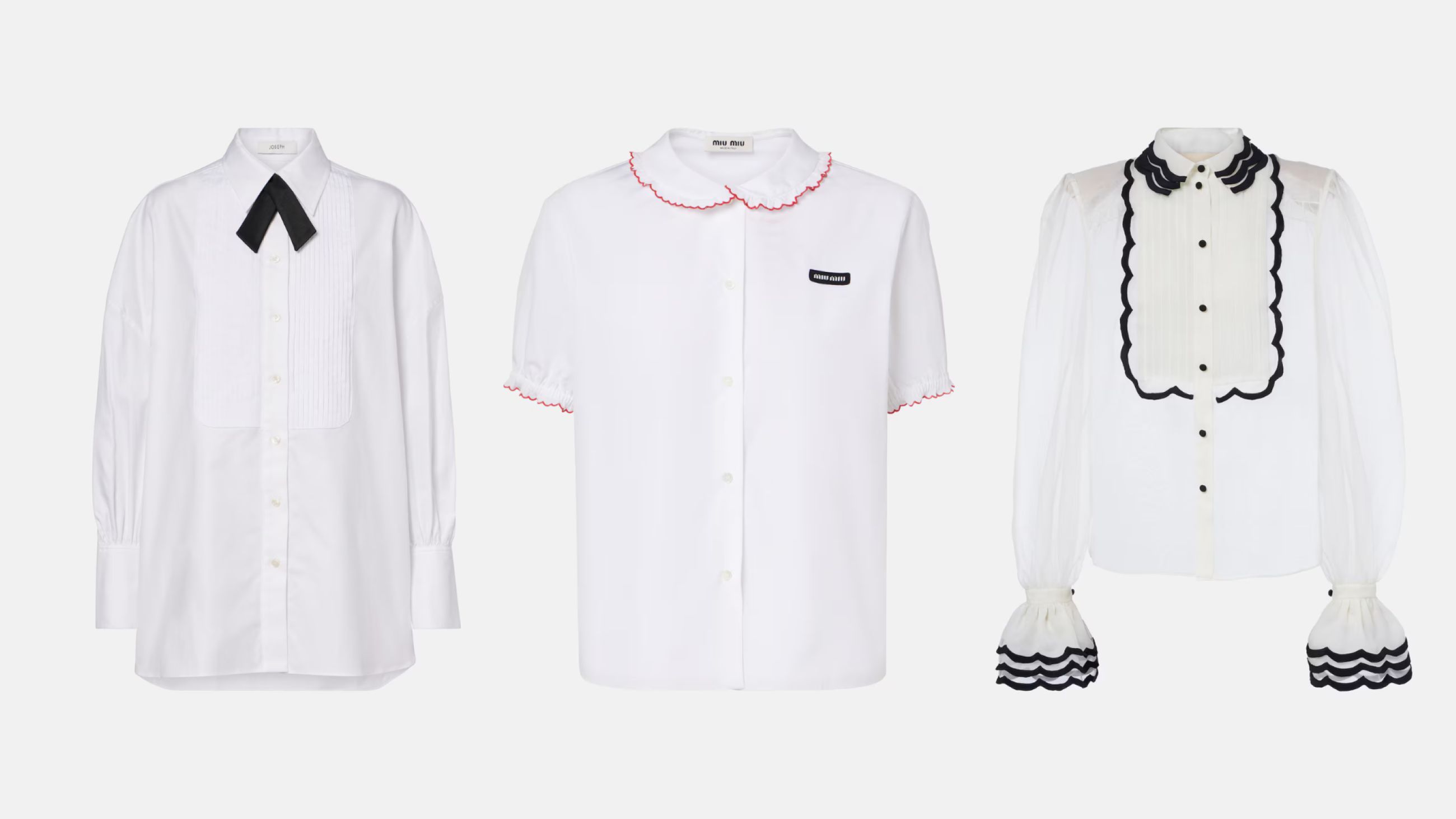 Da sinistra: camicia Joseph; camicia Miu Miu; camicia Valentino - Courtesy Press Office 