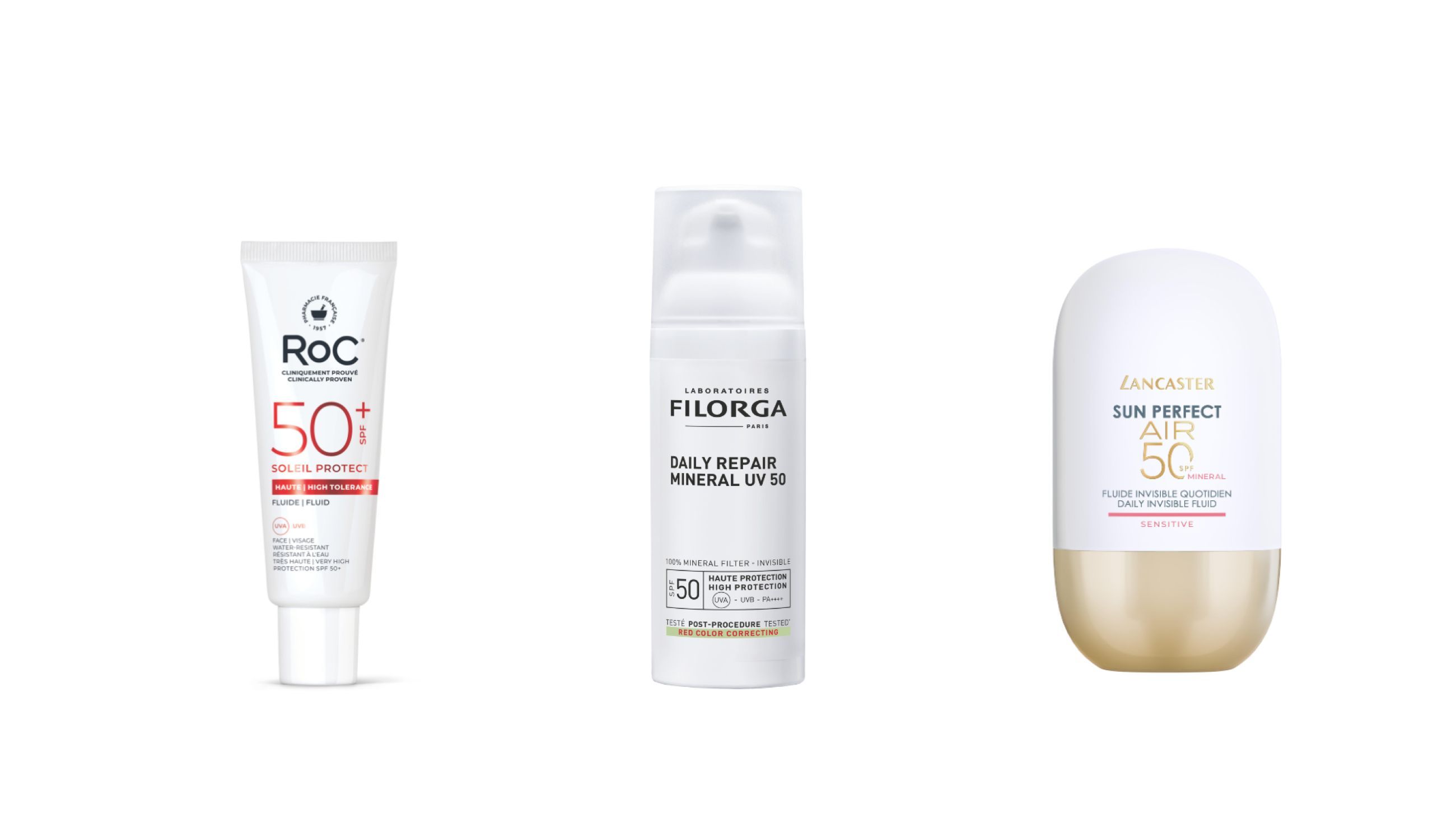 Da sinistra: RoC, Soleil Protect Tolerance; Filorga, Daily Repair Mineral UV SPF50; Lancaster, Sun Perfect Air SPF 50 Daily Invisible Fluid Sensitive - Courtesy Press Office
