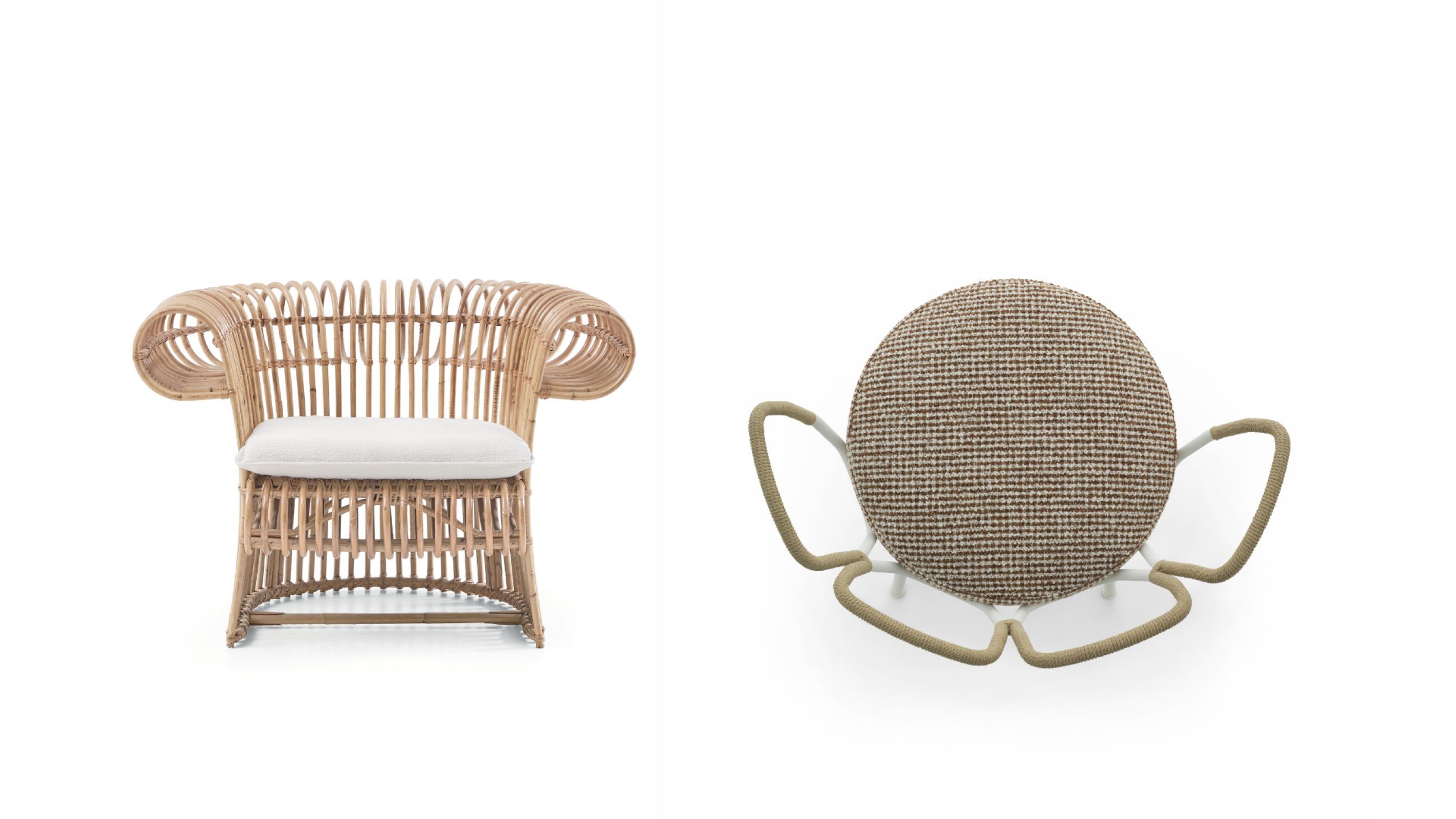 Da sinistra: R 513 Armchair, Vico Magistretti, Gervasoni - Courtesy con Gervasoni; MARGHERÌ, Monica Armani, Flexform - Courtesy con Flexform