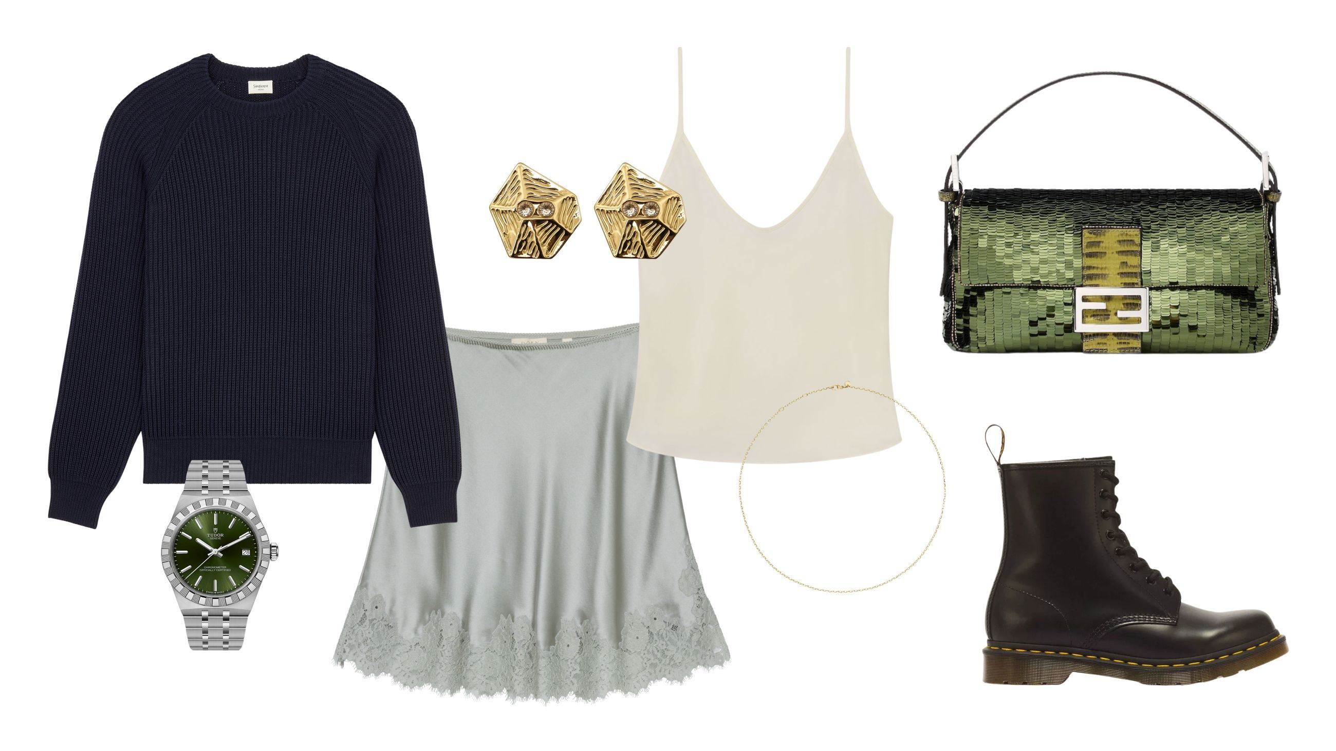 Canottiera, FRAME; minigonna, Dôen; pullover, Saint Laurent; anfibi, Dr. Martens; borsa, Fendi; orecchini, Violante Nessi; collana, Dodo; orologio, Tudor
