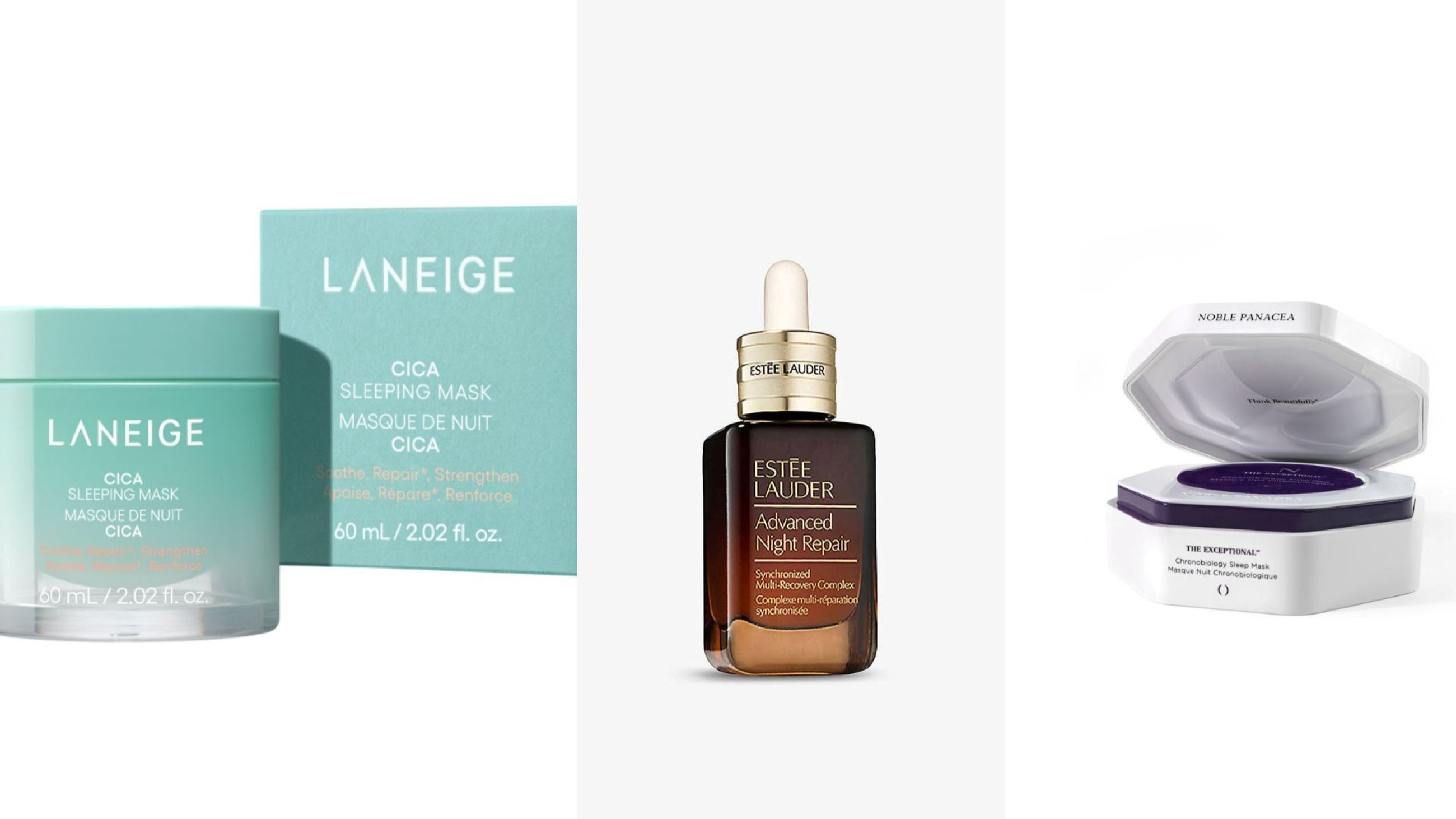 Laneige, Cica Sleeping Mask - Estee Lauder, Advanced Night Repair - Noble Panacea, Chronobiology Sleep Mask - Courtesy Press Office