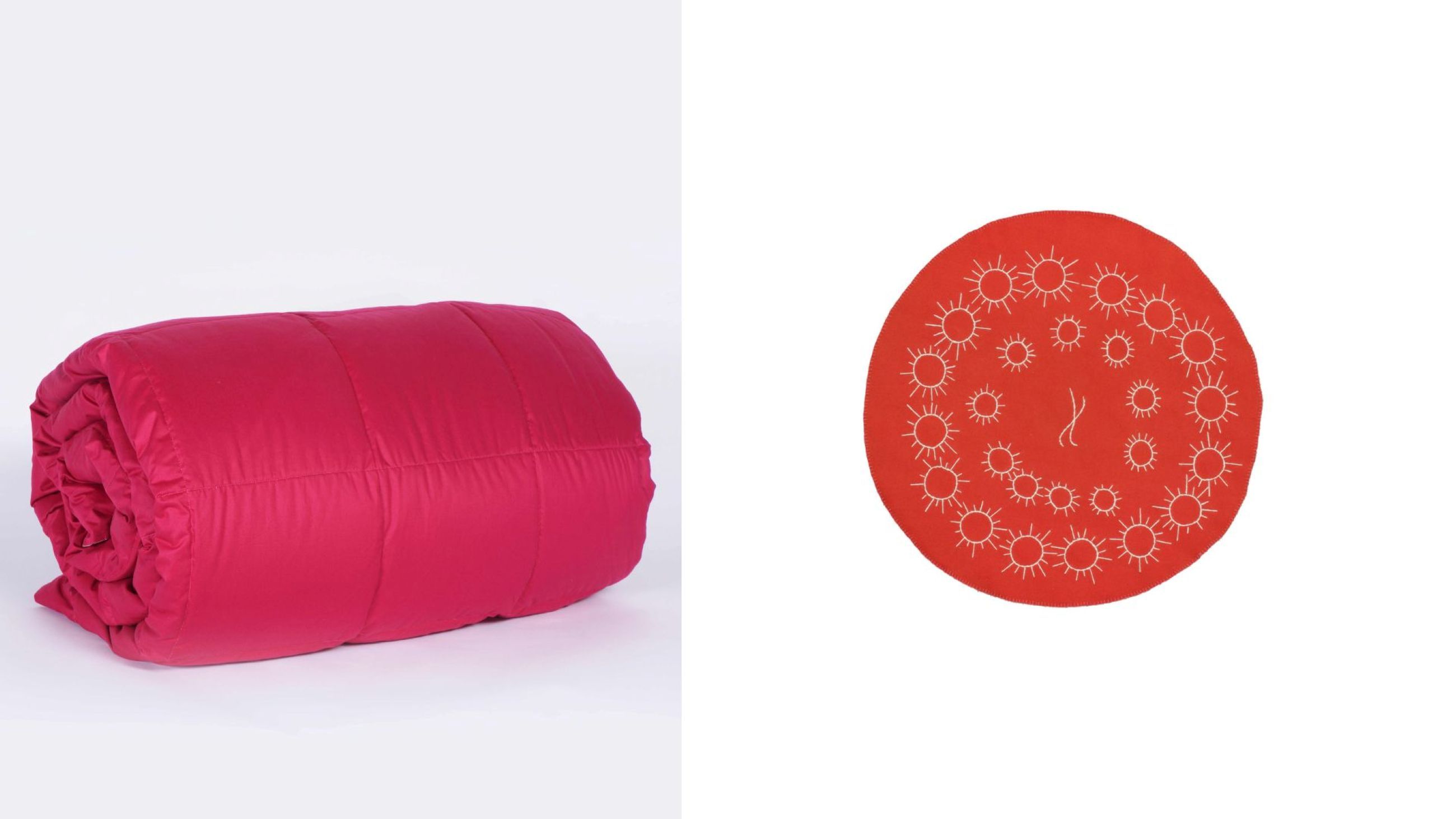 Da sinistra: Trapunta in piuma d’oca, Cinelli. Courtesy Cinelli Piume e Piumini; Tappeto Domino Dancing, Giulio Caponi - Courtesy Giulio Caponi 