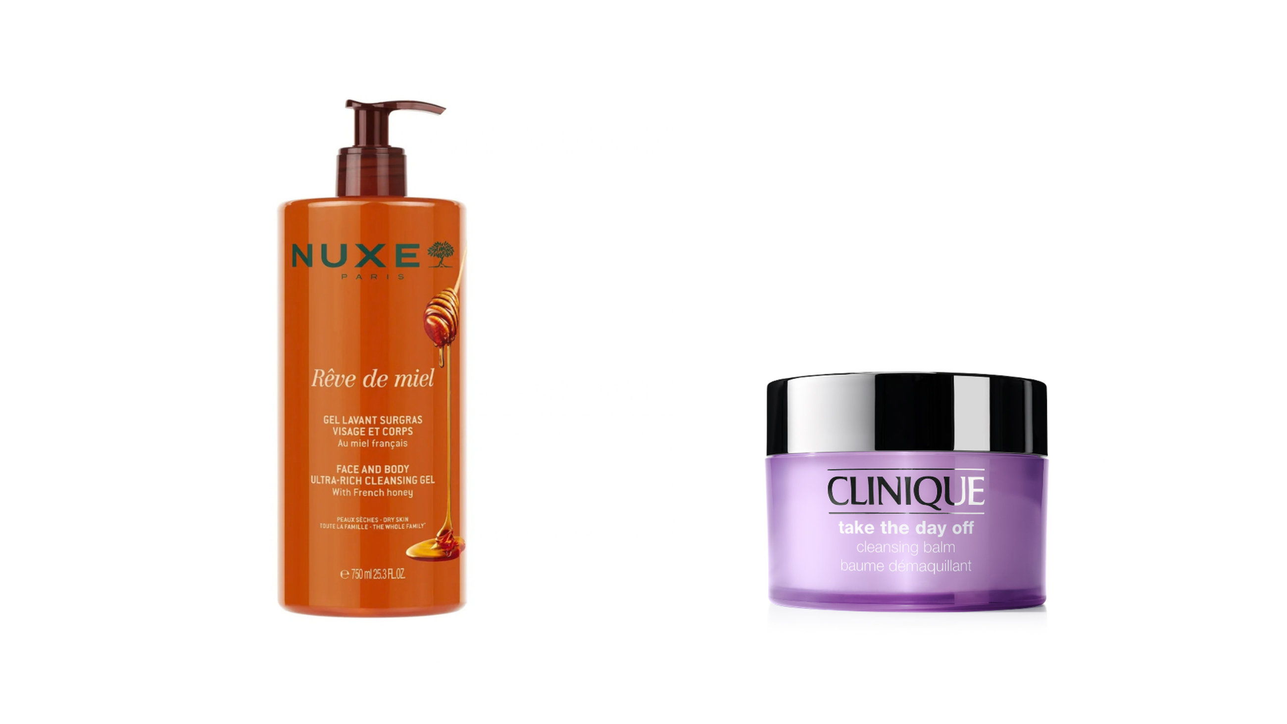 Da sinistra: Nuxe, Rêve de Miel Face and Body Ultra Rich Face Gel; Clinique, Take The Day Off Cleansing Balm - Courtesy Press Office