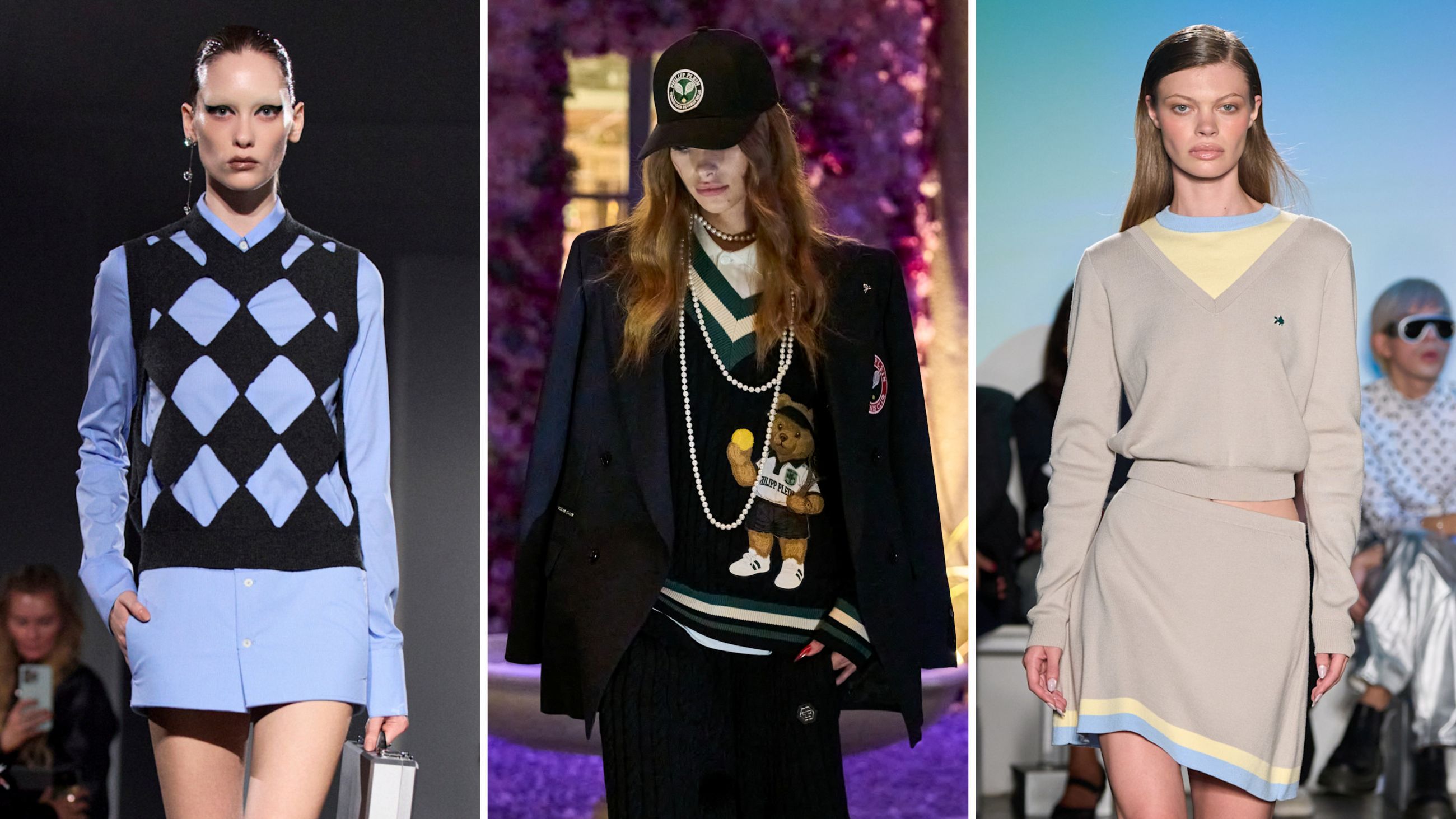 Il maglione preppy style non può mancare all’interno dei guardaroba degli amanti dello stile ispirato al tennis. Dalle passerelle PE26: da sinistra; creazioni Alexander Wang; Philipp Plein; Kate Barton - Credits: Launchmetrics.com/Spotlight
