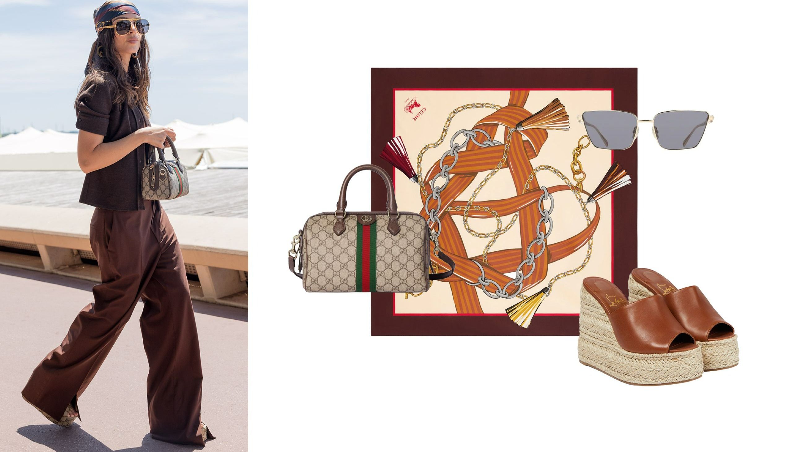 A sinistra Emily Ratajkowski sulla spiaggia della Croisette a maggio 2025 - Credits Getty Images. Per imitare il suo stile: foulard Celine, occhiali Ferragamo, borsa Gucci, sandali Christian Louboutin - Courtesy Brand/Press Office 