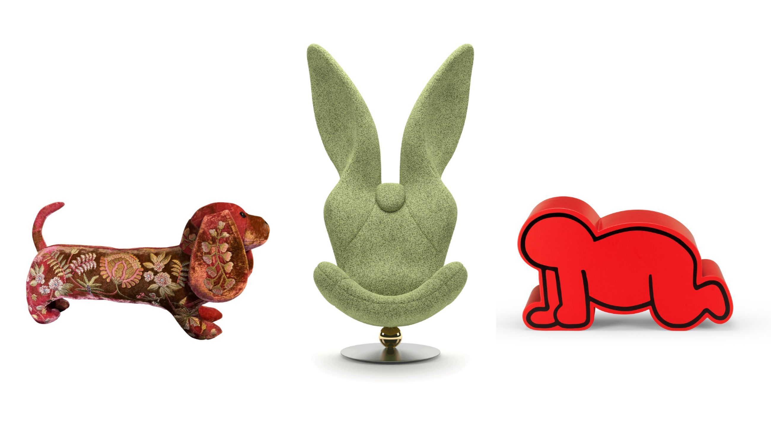 Da sinistra Mme Bovary di Anke Drechsel. Courtesy Anke Drechsel; Green Rabbit di Natuzzi Courtesy Natuzzi; Red Baby di Gufram - Courtesy Gufram