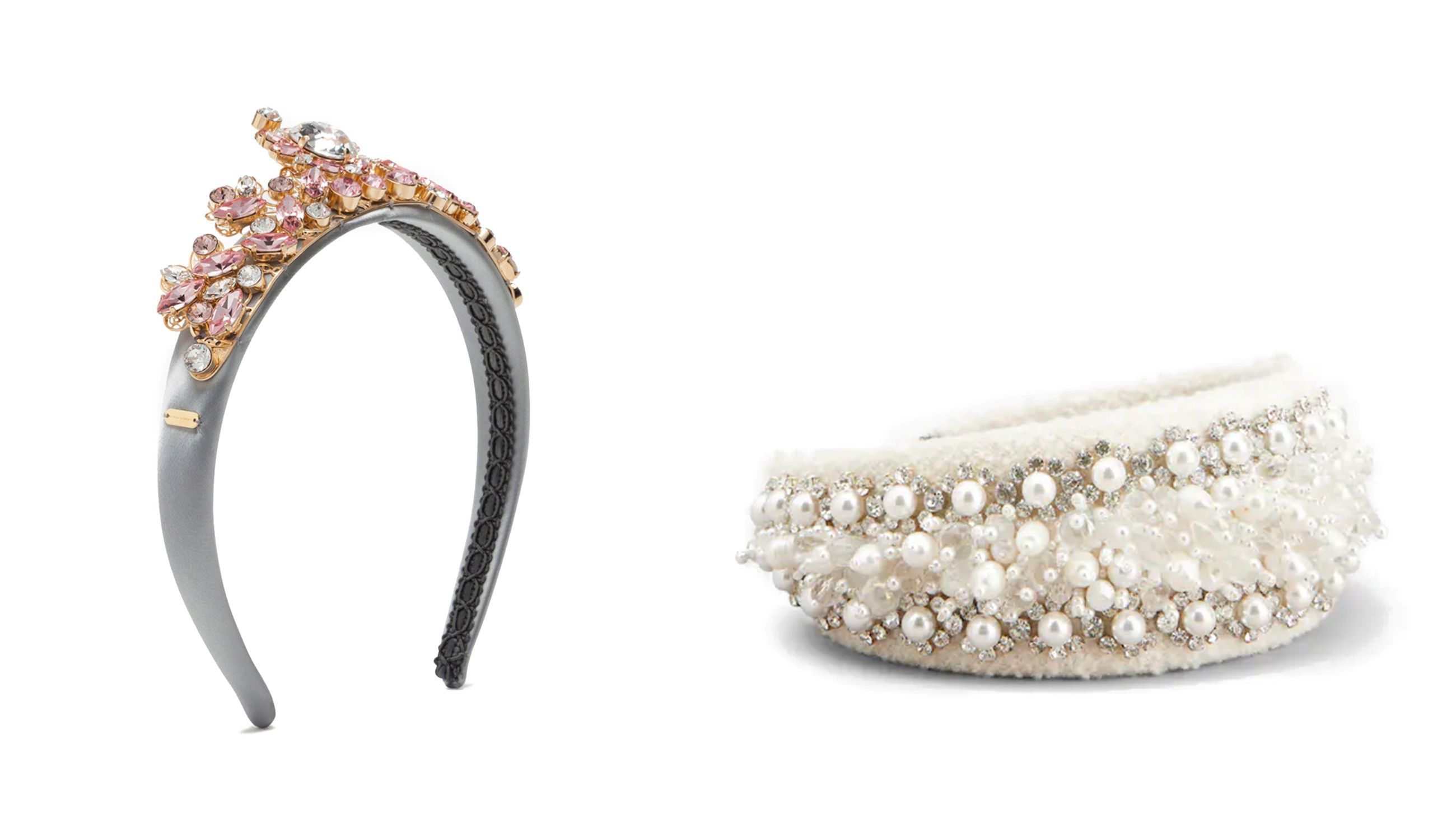 Da sinistra, il cerchietto con applicazioni bijoux allover ed il modello Efflorescence di Roger Vivier - Credits: www.dolcegabbana.com; Credits: www.rogervivier.com