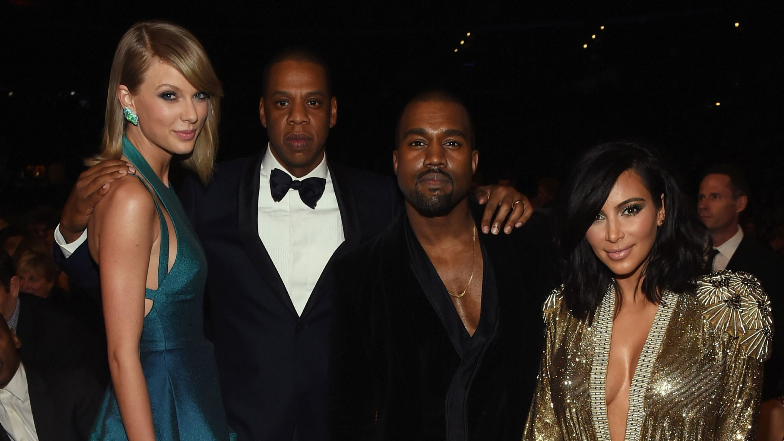 Gli artisti discografici Taylor Swift, Jay Z e Kanye West e il personaggio televisivo Kim Kardashian partecipano alla 57ª edizione dei GRAMMY Awards, tenutasi allo STAPLES Center, l'8 febbraio 2015 a Los Angeles, in California - Credits: Getty Images 