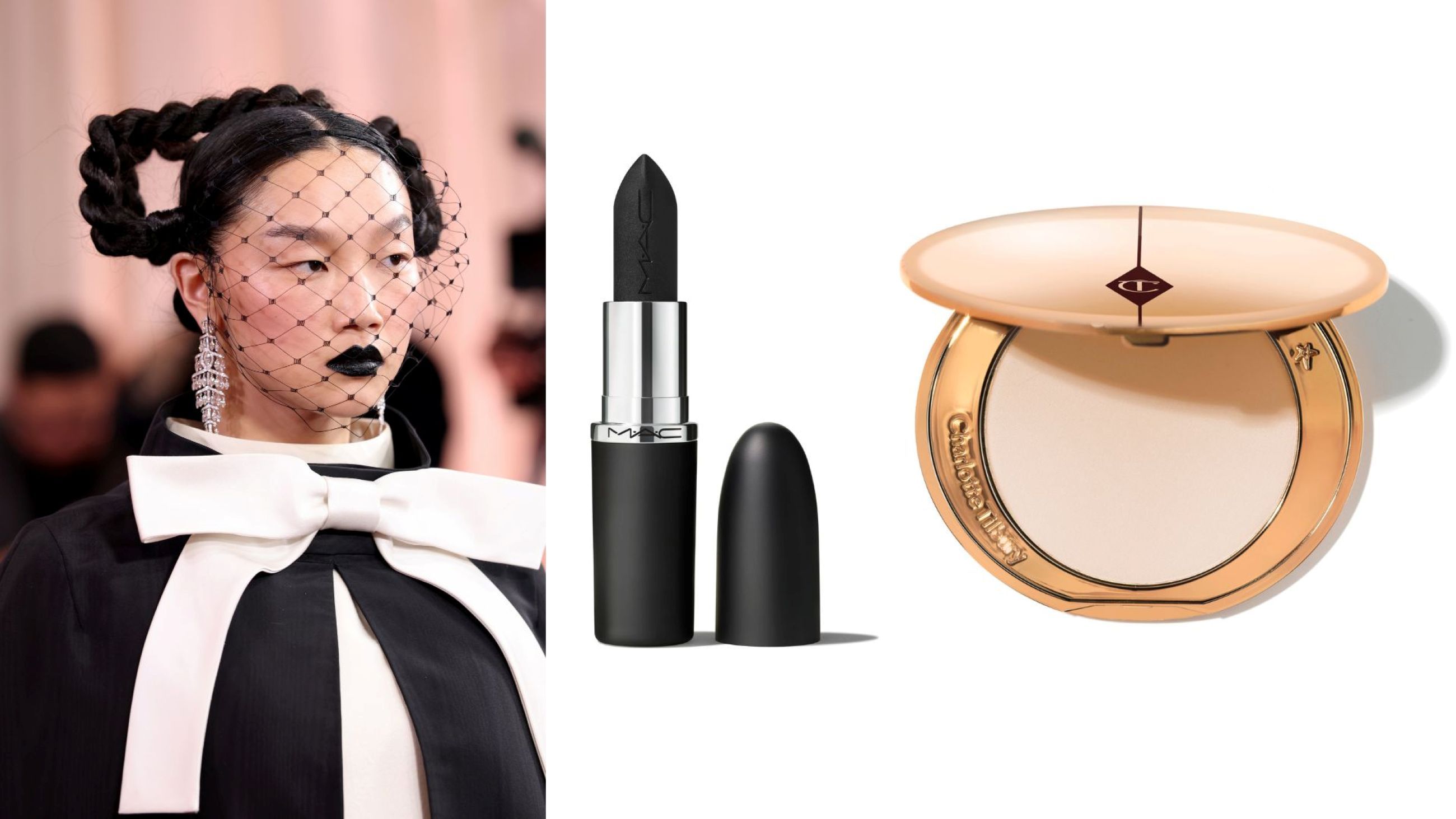 Audrey Nuna; Mac, Mac-ximal Silky Matte Lipstick; Charlotte Tilbury, Airbrush Flawless Finish - Credits: Getty Images; Courtesy Press Office