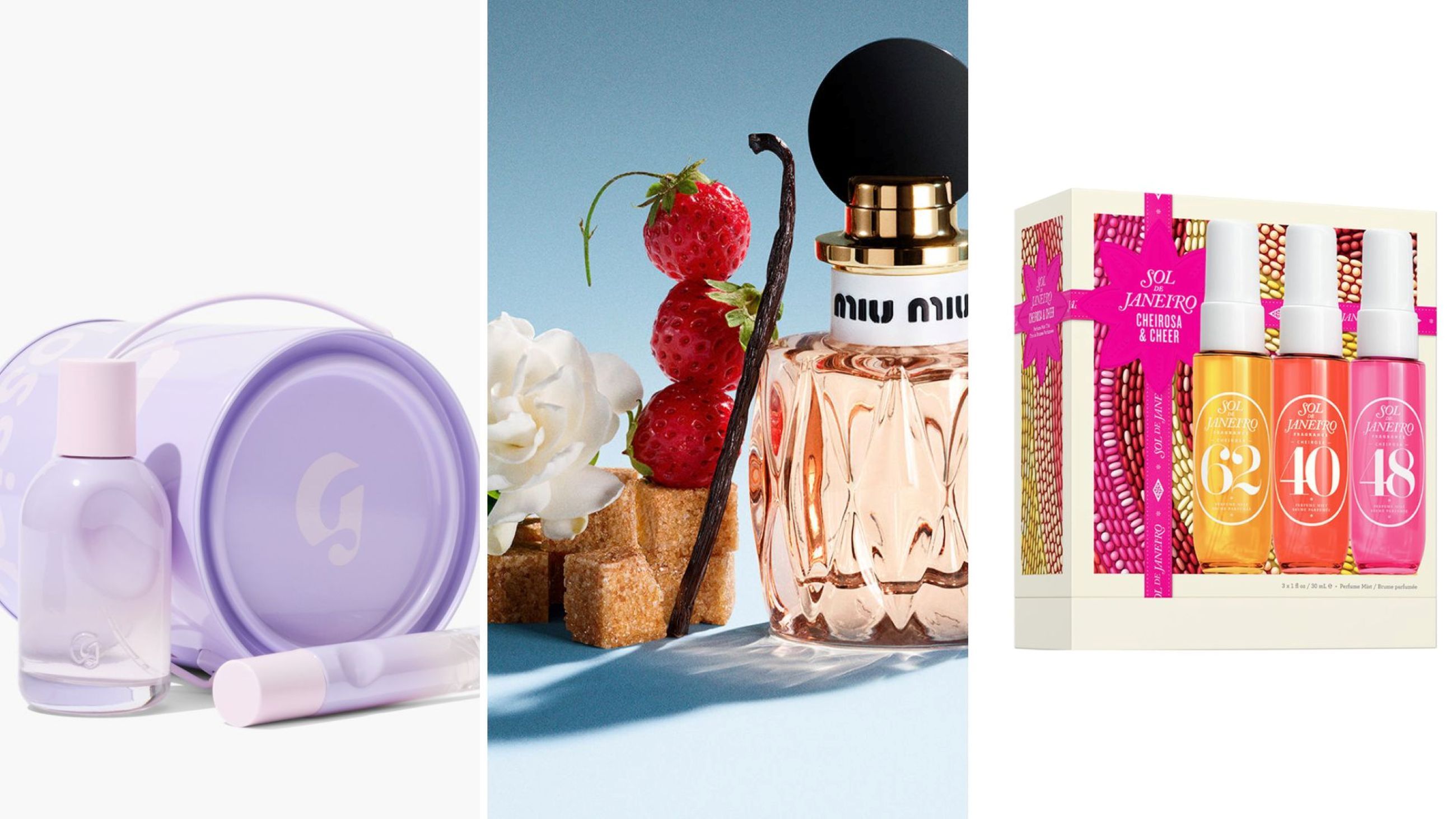 Glossier, Fleur Duo; Miu Miu, Miutine; Sol de Janeiro, Cheirosa & Cheer - Credits: Courtesy Press Office