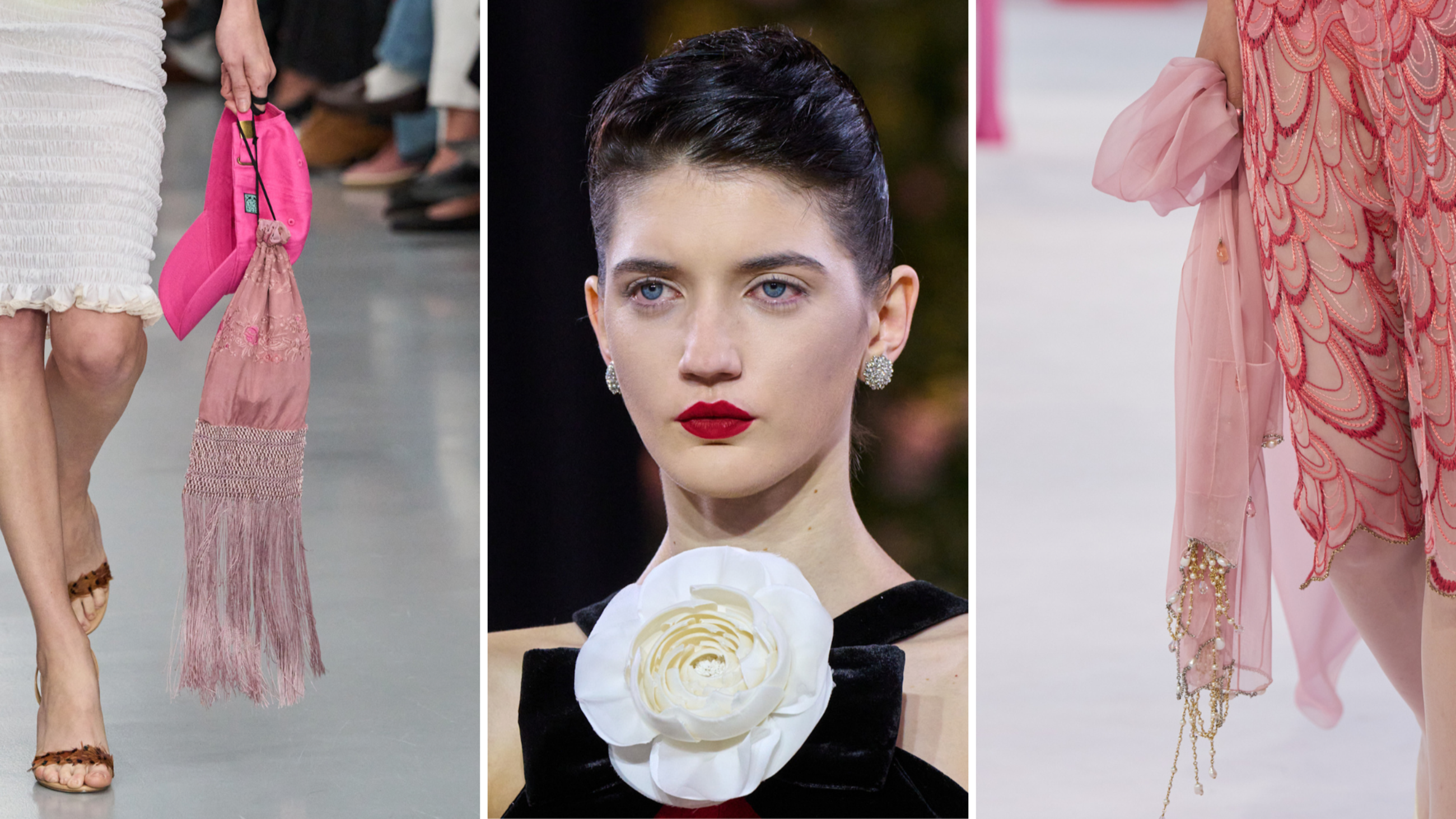 Da sinistra: Conner Ives SS26; Chanel HC SS26; Richard Quinn SS26 - Credits Launchmetrics.com/Spotlight