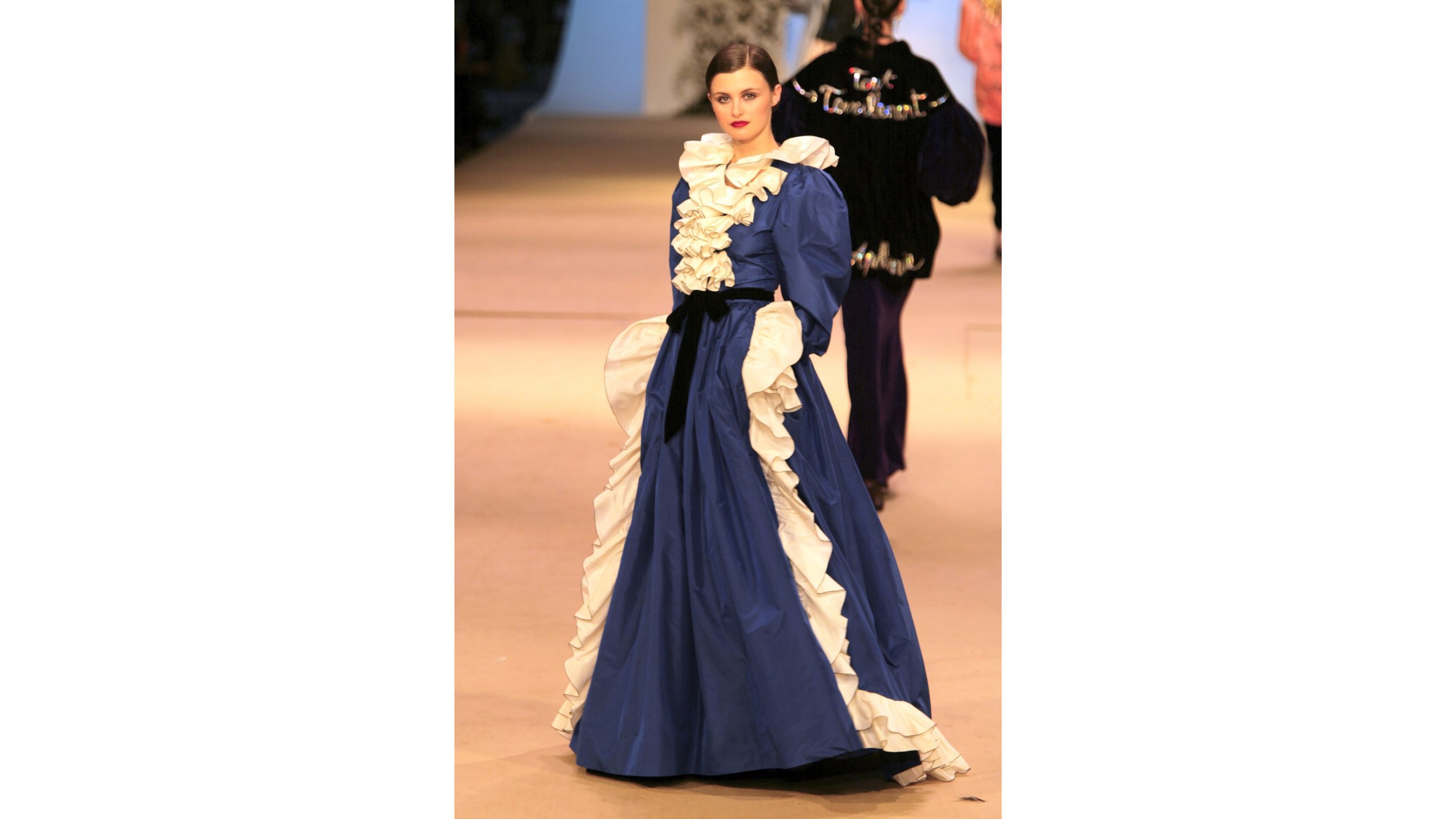 Yves Saint Laurent, evening dress from the Fall/Winter 1981 haute couture collection, worn by Trish Goff at the last runway show, Centre Pompidou, Paris, 22 January 2002 Musée Yves Saint Laurent Paris Photo © Guy Marineau - Credits: Courtesy Press Office