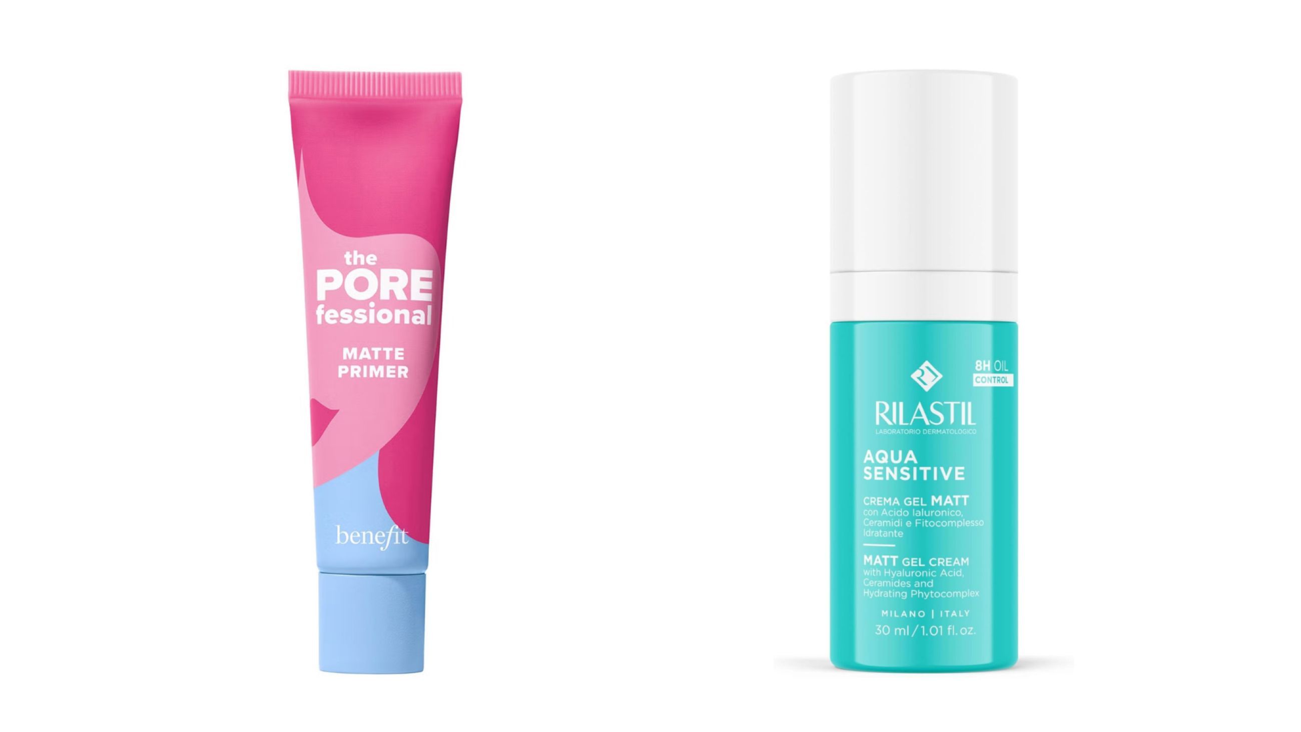 Da sinistra: Benefit, The Porefessional Matte Primer; Rilastil, Aqua Sensitive Crema Gel Mat-2 - Courtesy Press Office