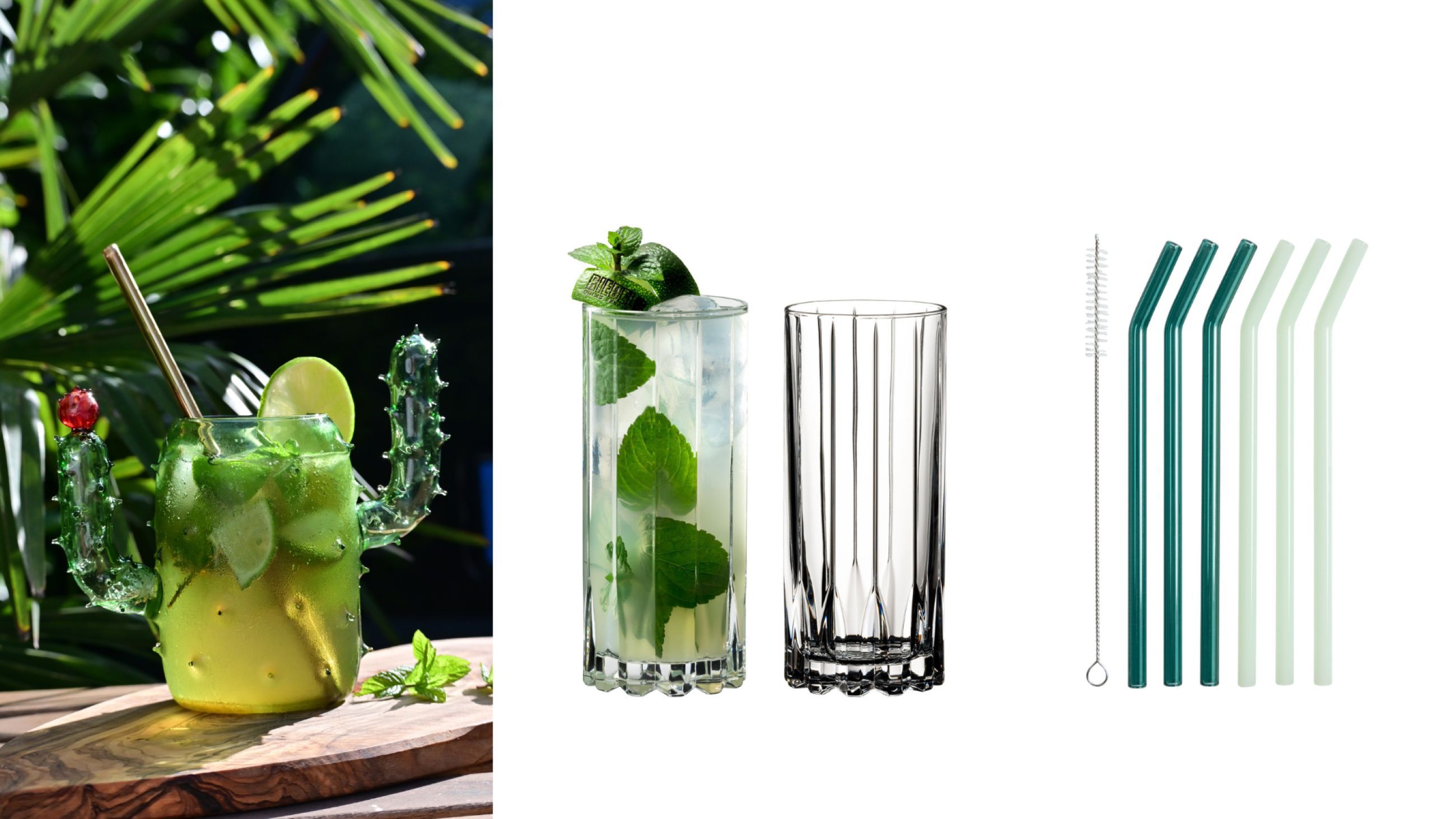 Da sinistra: Casarialto Cactus glass - Courtesy Casarialto; Riedel Drink Specific Highball - Courtesy Riedel; Cannucce Kave Home - Courtesy Kave Home