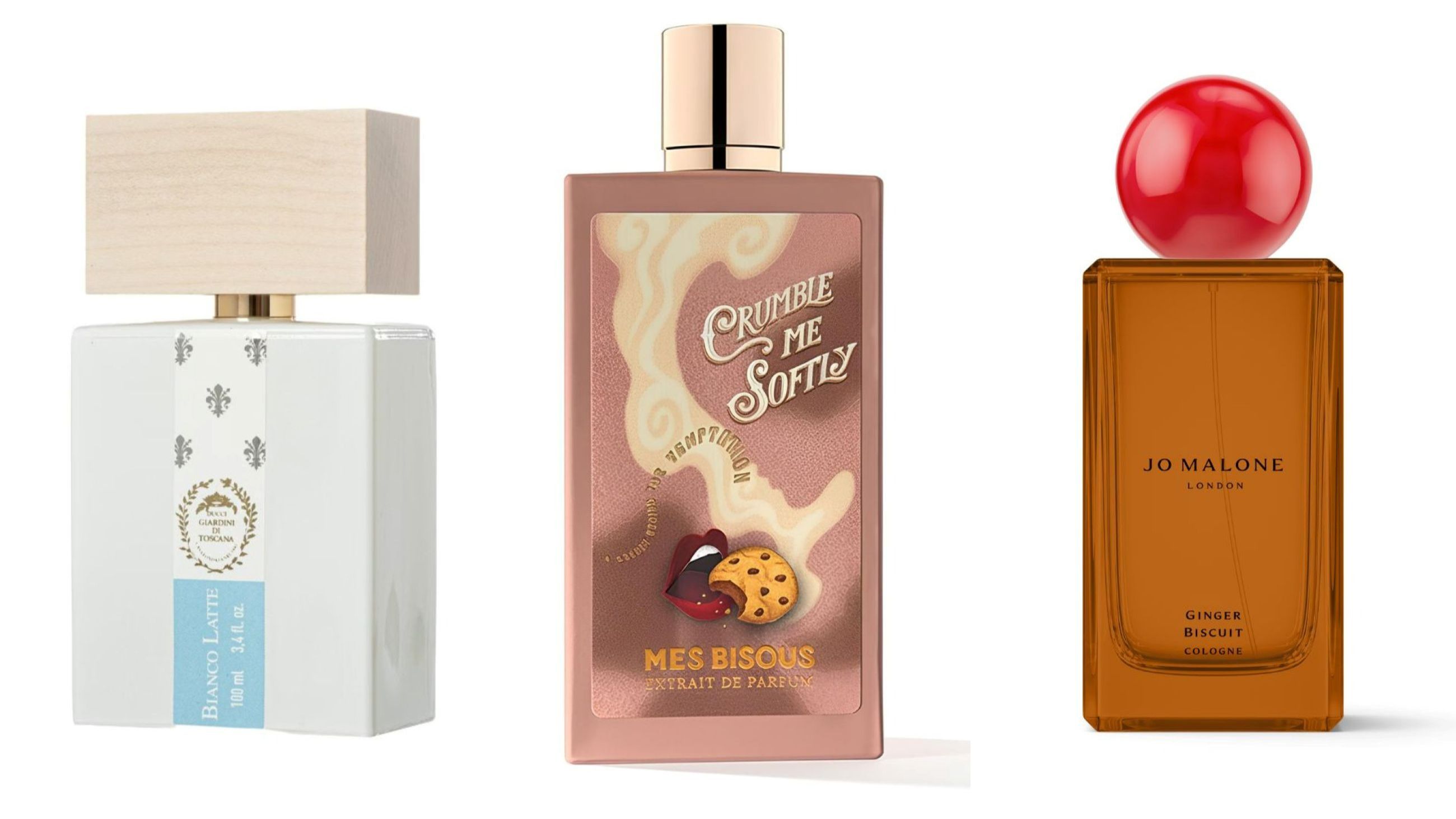 Da sinistra: Giardini di Toscana, Bianco Latte; Mes Bisous, Crumble Me Softly; Jo Malone, Ginger Biscuit Cologne - Courtesy Press Office