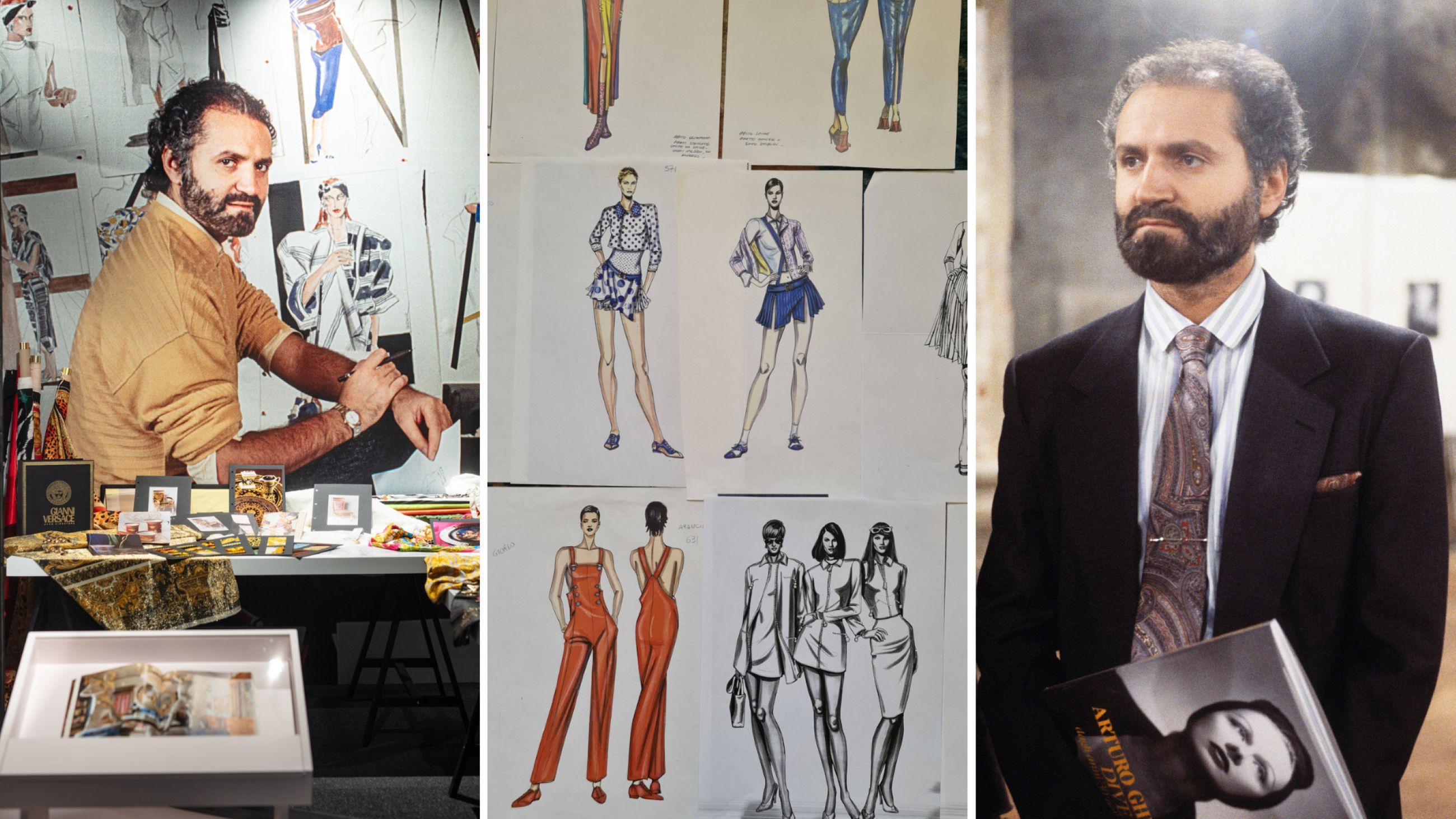 Da sinistra: Gianni Versace Retrospective - Courtesy Press Office; Gianni Versace - Credits Getty Images