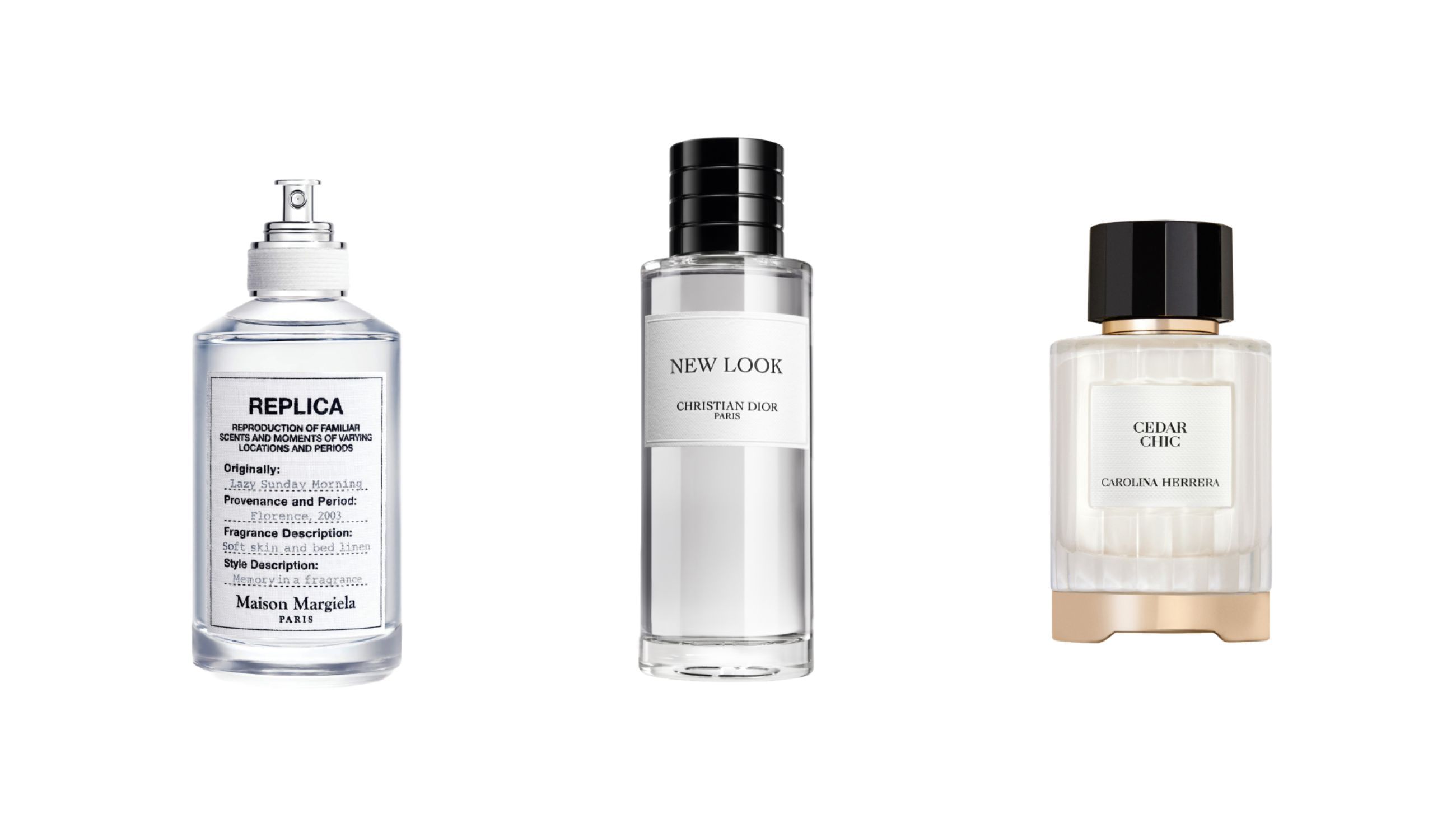 Da sinistra: Maison Margiela Replica, Lazy Sunday Morning; Christian Dior, New Look; Carolina Herrera, Cedar Chic - Courtesy Press Office