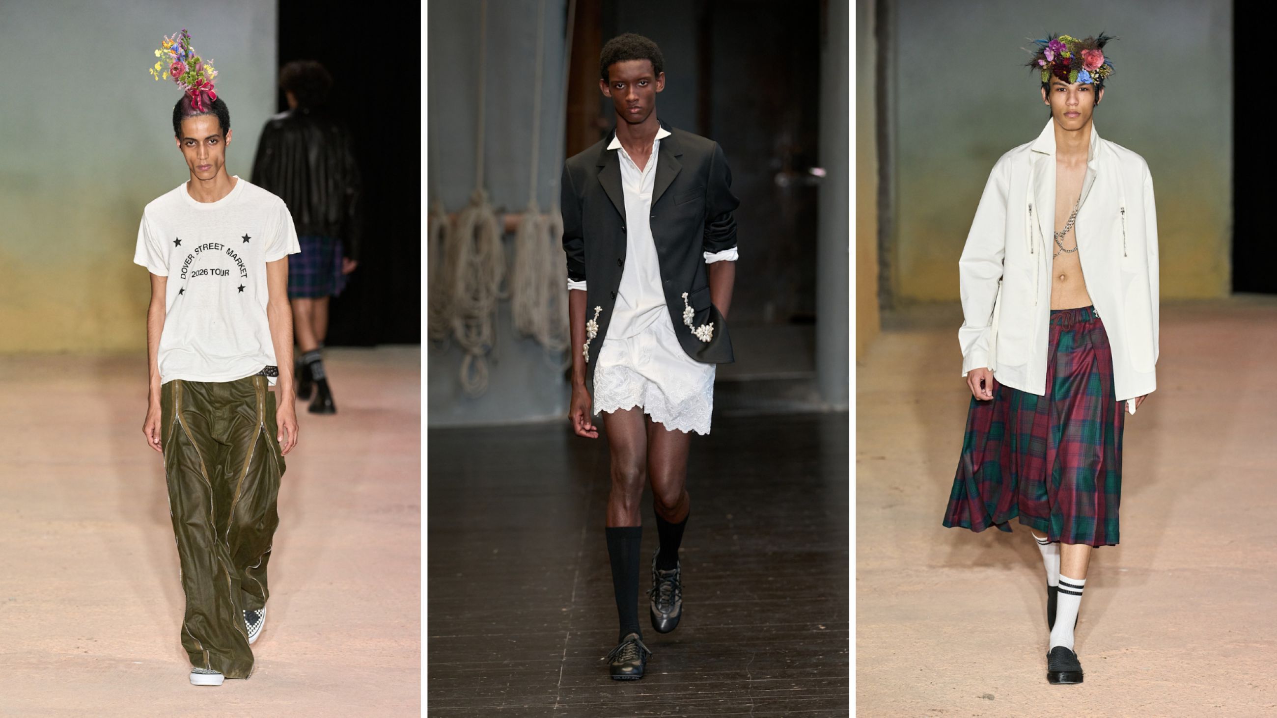 Da sinistra: DSM Kei Ninomiya SS27; Simone Rocha SS27; DSM Kei Ninomiya SS27- Credits Launchmetrics.com/Spotlight 