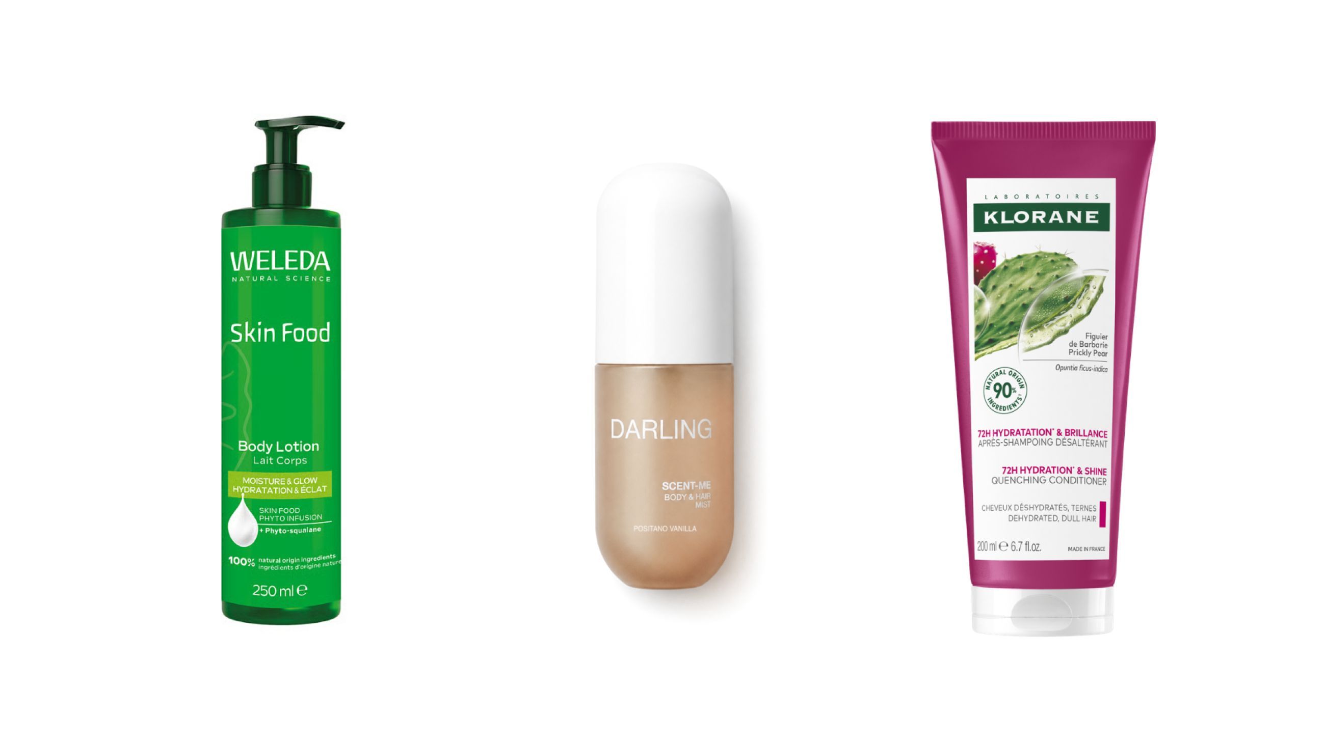 Da sinistra: Weleda, Skin Food Body Lotion; Darling, Scent Me Body and Hair Mist Positano Vanilla; Klorane, Balsamo Idratante e Illuminante al Fico d'India - Courtesy Press Office