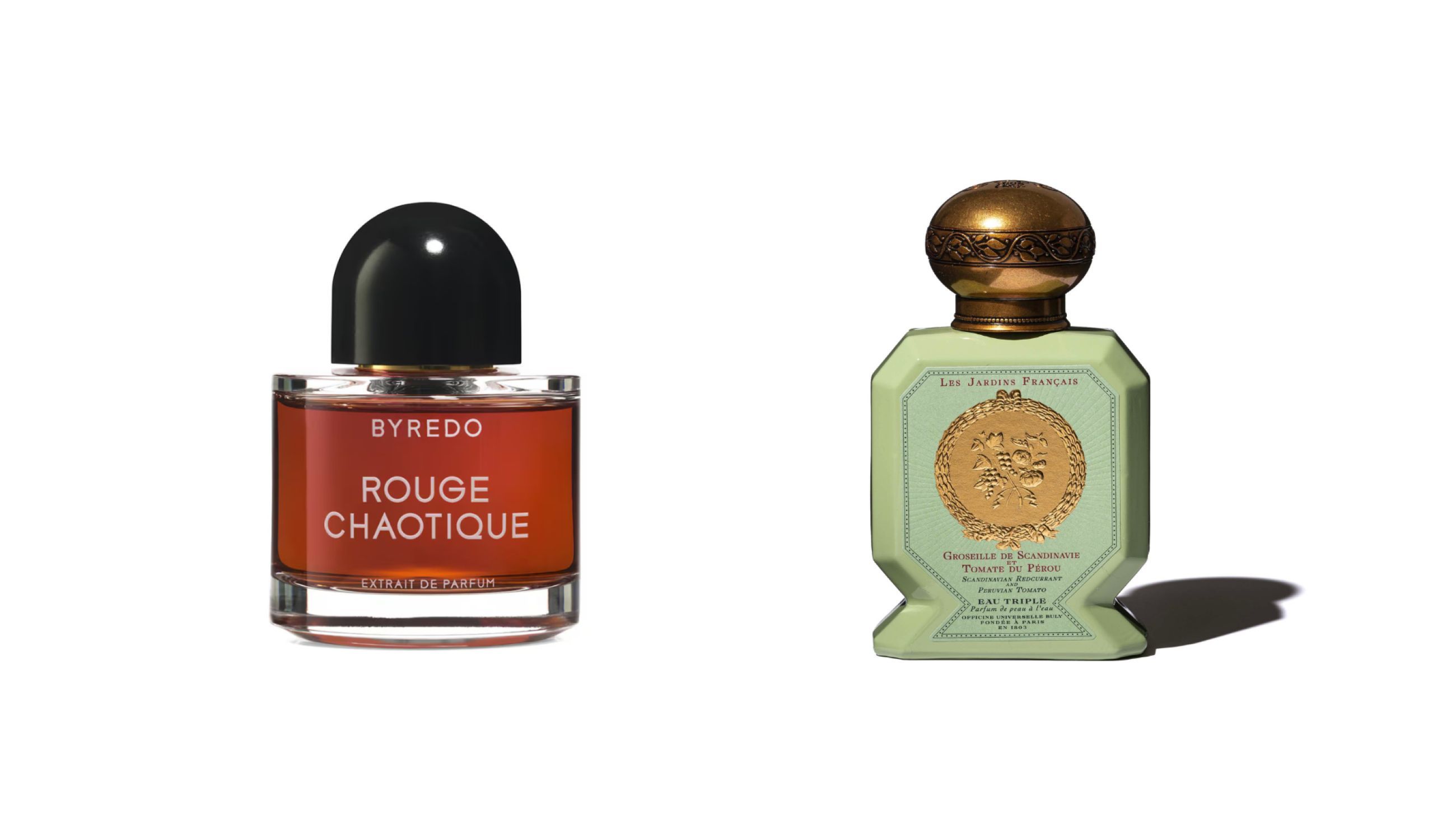 Byredo, Rouge Chaotique Extrait de Parfum; Officine Universelle Buly, Ribes Scandinavo e Pomodoro del Perù - Courtesy Press Office 