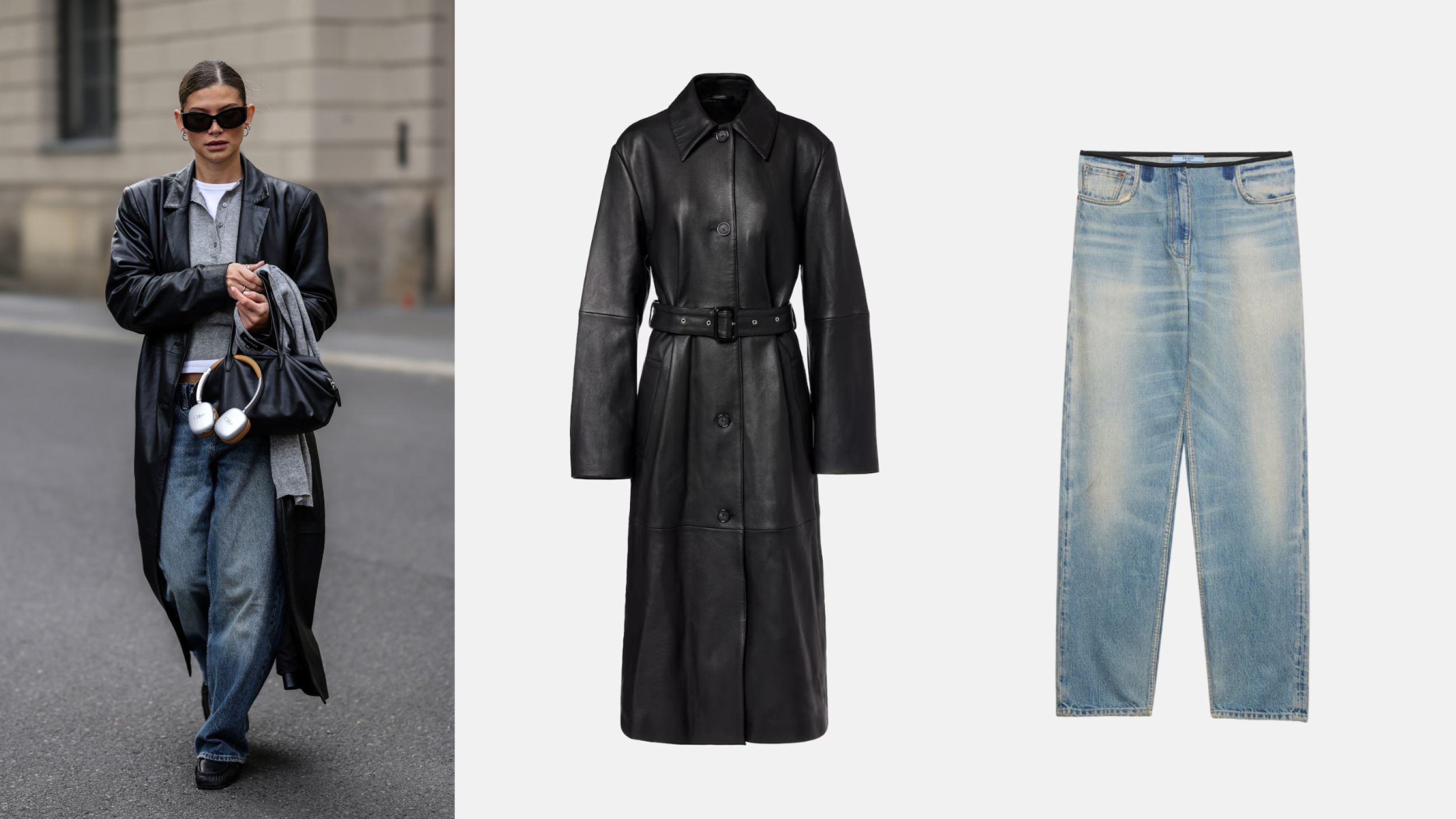 Da sinistra: Credits Getty Images; Cappotto Toteme; Jeans Prada 
