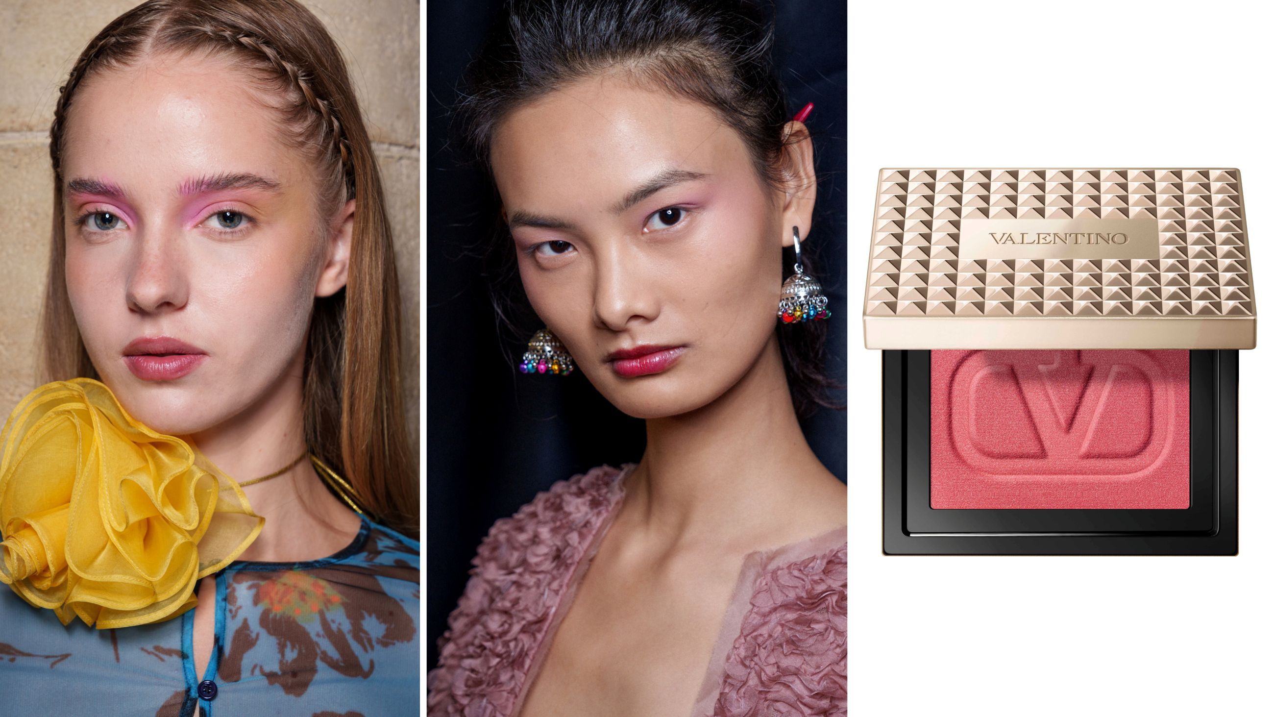 Da sinistra, trucco dalla sfilata di Shuting Qiu SS26; beauty look dalla sfilata di Hui SS26 - Credits: Launchmetrics.com/Spotlight; Valentino Beauty, Color Crush - Credits: Ufficio Stampa