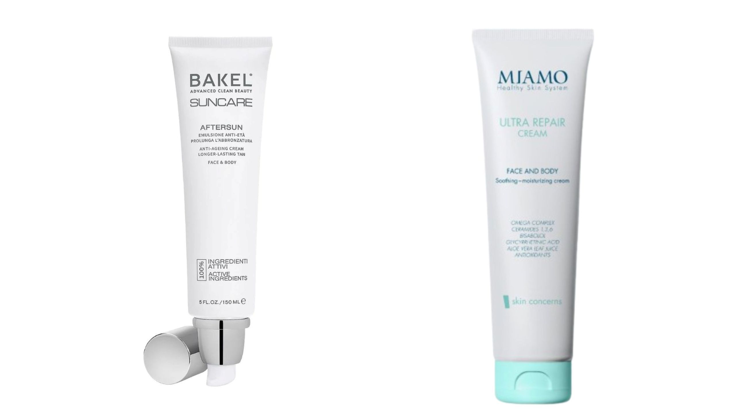Bakel, Aftersun Emulsione Anti Età; Miamo, Ultra Repair Cream Face and Body - Credits: Courtesy Press Office