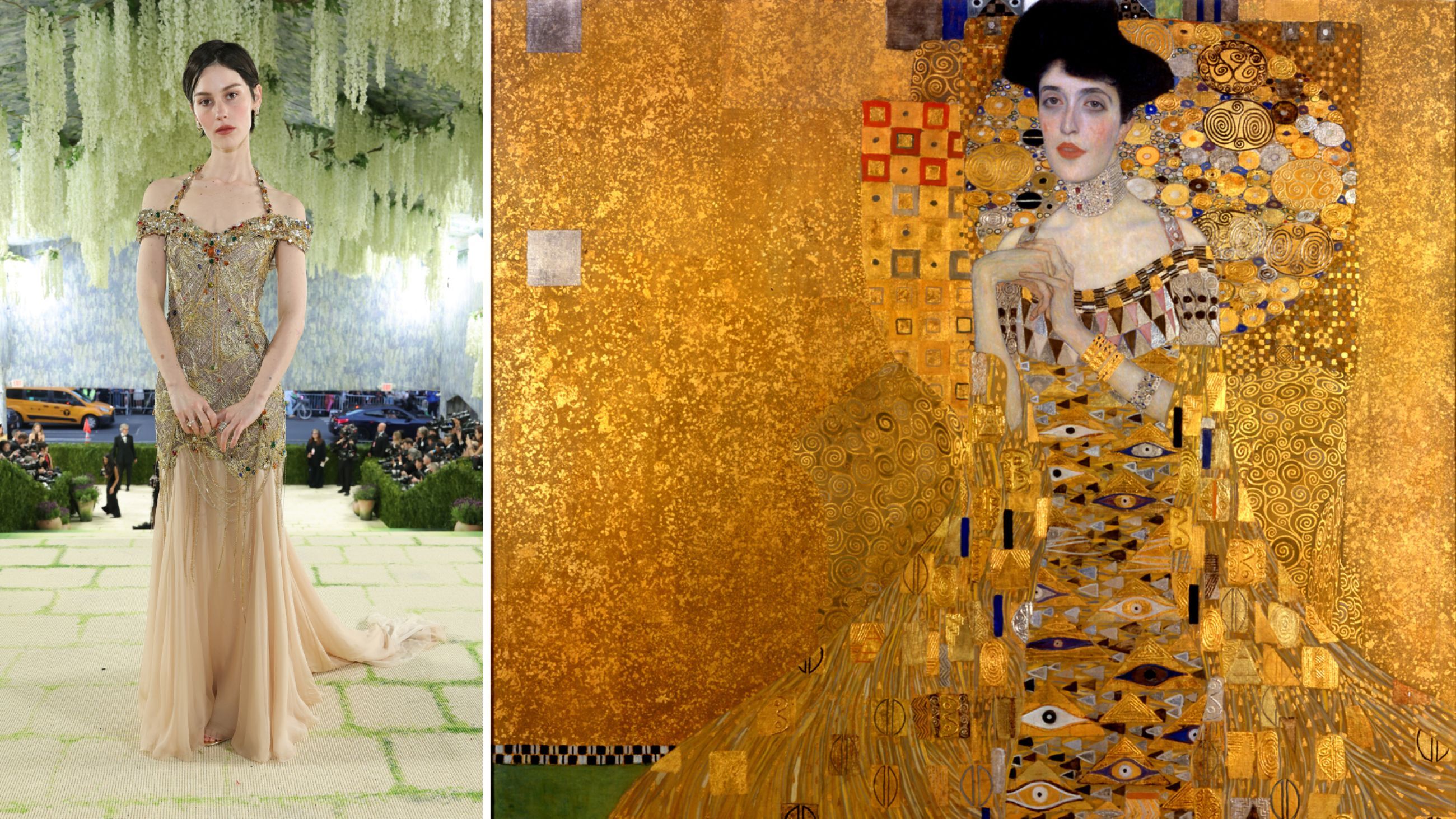A sinistra: Gracie Abrams al Met Gala 2026 - Credits Getty Images; a destra: Ritratto di Adele Bloch-Bauer I di Gustav Klimt, 1907