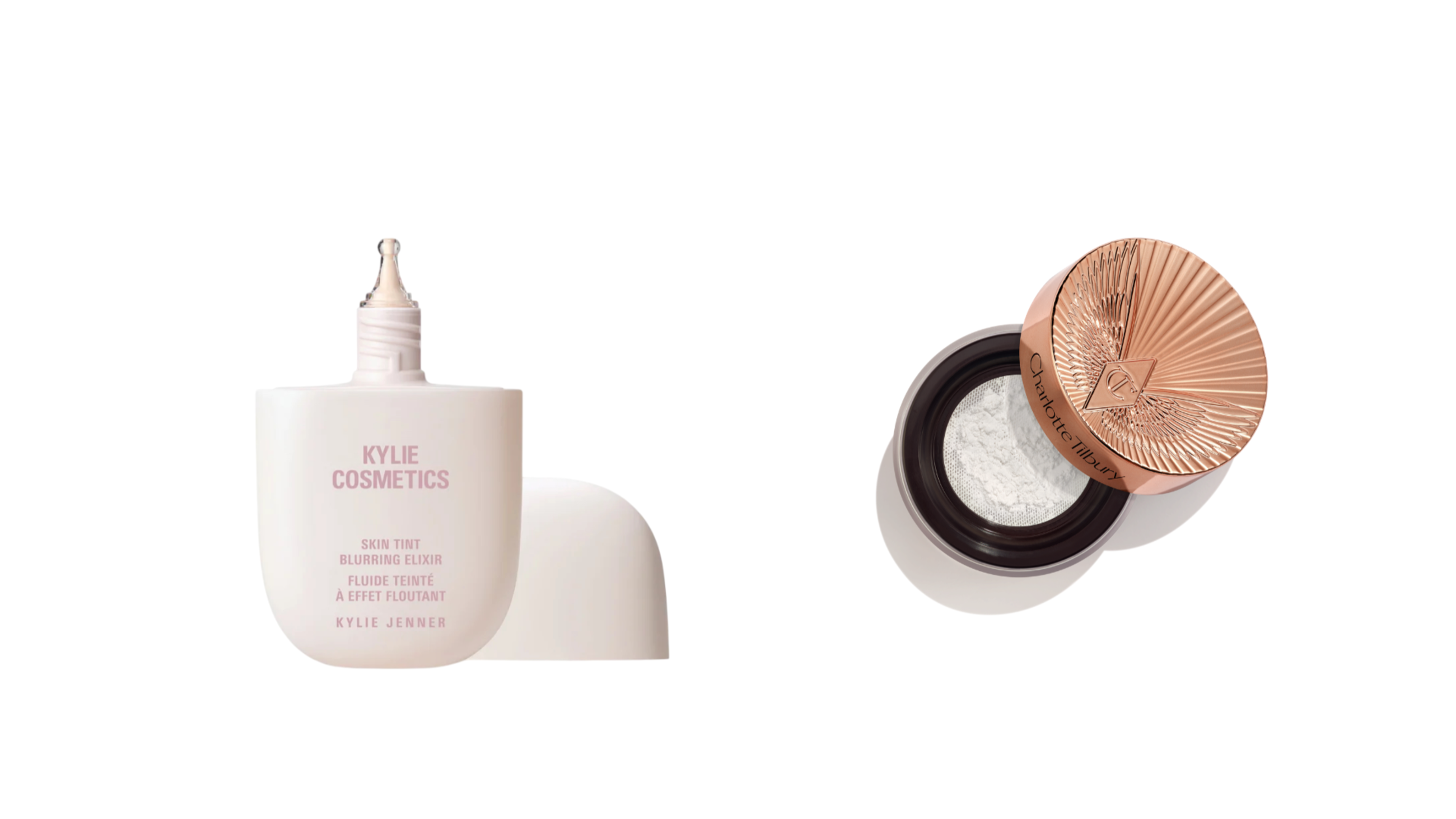 Da sinistra: Kylie Cosmetics, Skin Tint Blurring Elixir; Charlotte Tilbury, Airbrush Flawless Blur Powder - Courtesy Press Office