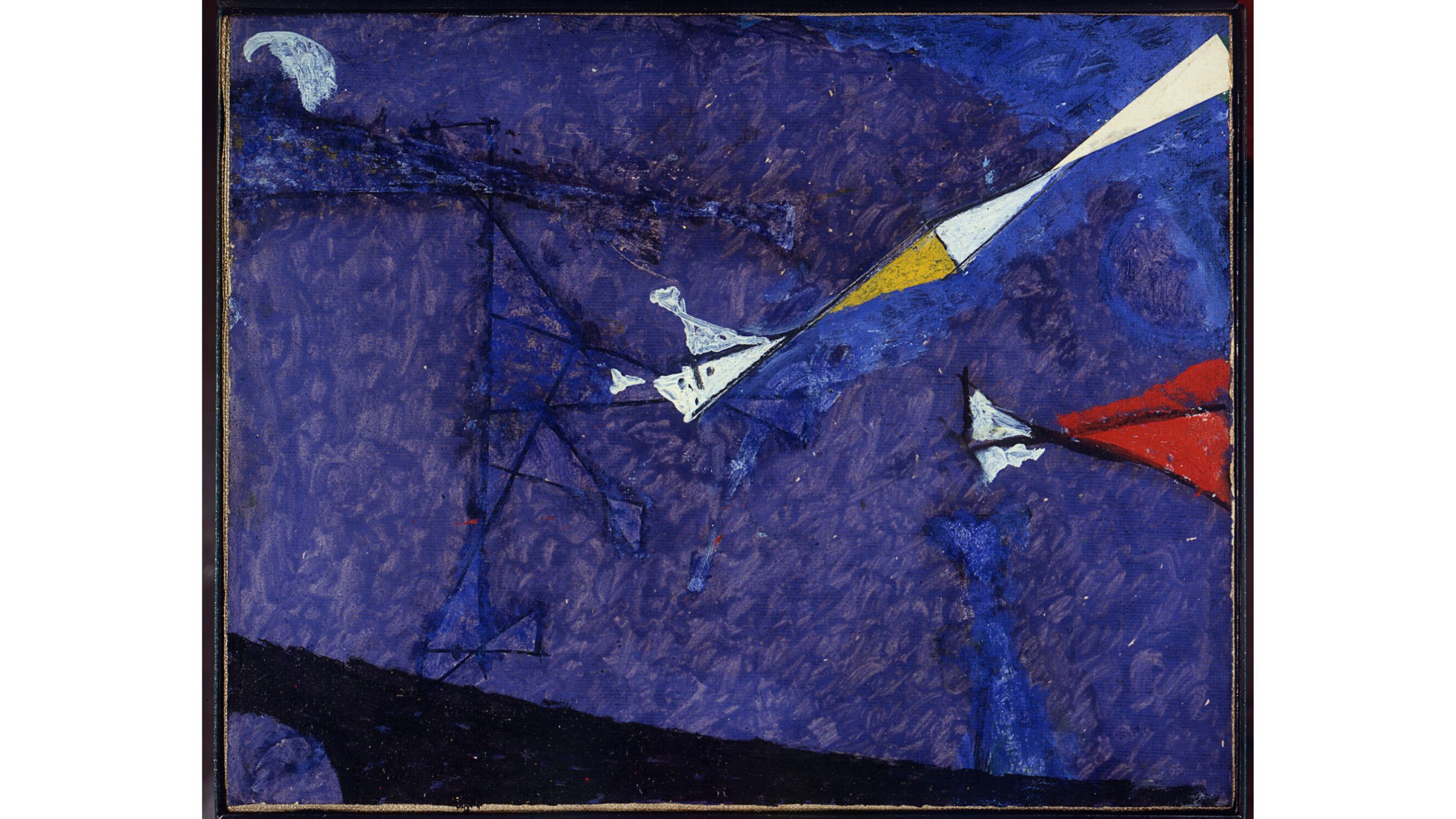 Osvaldo Licini, Angeli missili + Luna, 1956-57, olio e collage su carta intelaiata, Collezione privata, Milano © OSVALDO LICINI, by SIAE - Courtesy Press Office