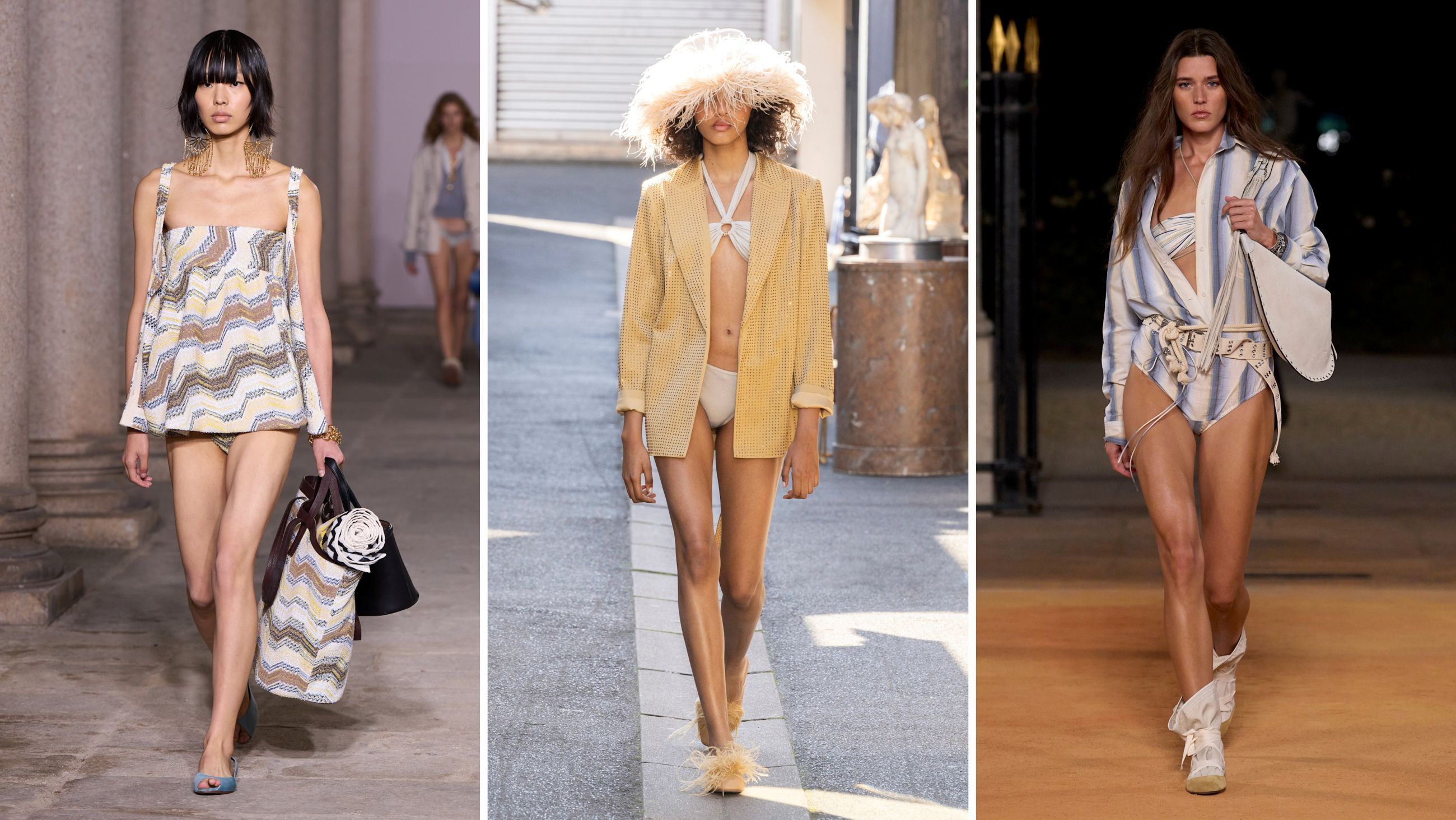 Costumi interi o due pezzi sono pronti per conquistare le spiagge più belle, ancora meglio se accompagnati da capi che danno vita a look da rivista. Dalle passerelle SS26: da sinistra outfit Missoni; Ungaro; Isabel Marant - Credits: Launchmetrics.com/Spotlight