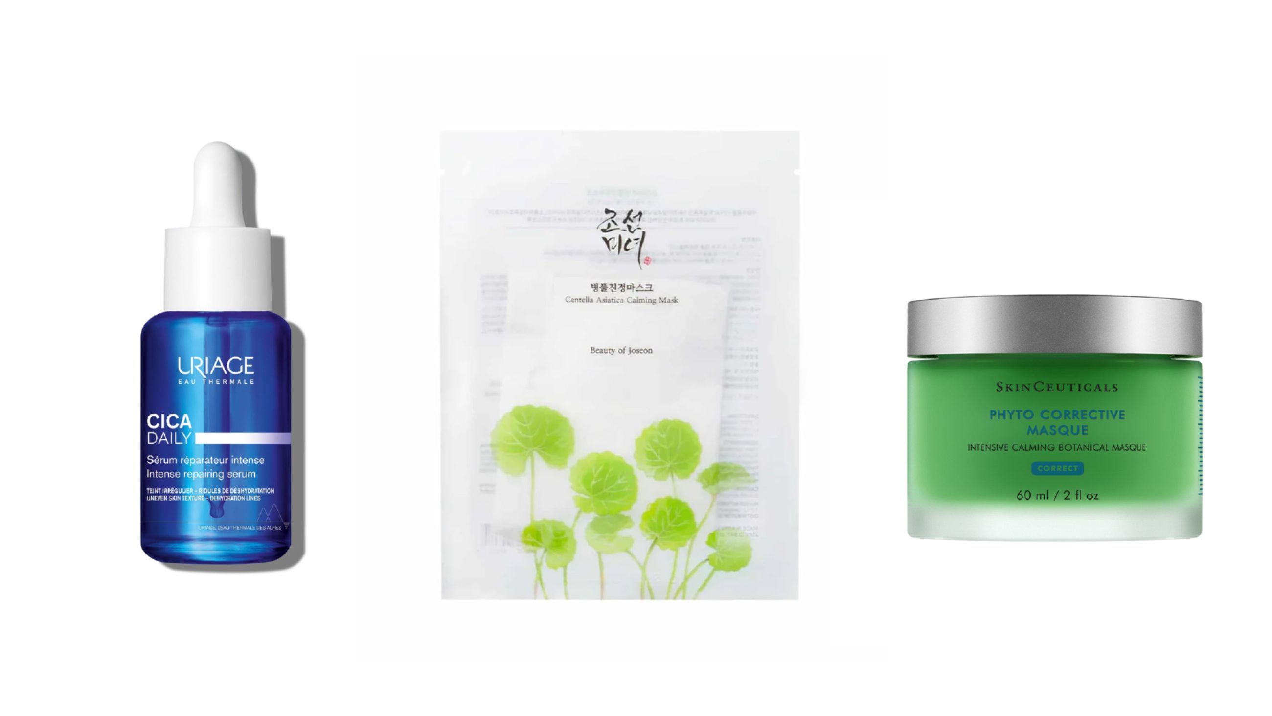 Da sinistra: Uriage, Cica Daily Siero Riparatore Intensivo; Beauty of Joseon, Centella Asiatica Calming Mask; SkinCeuticals, Maschera Phyto Correttive - Courtesy Press Office