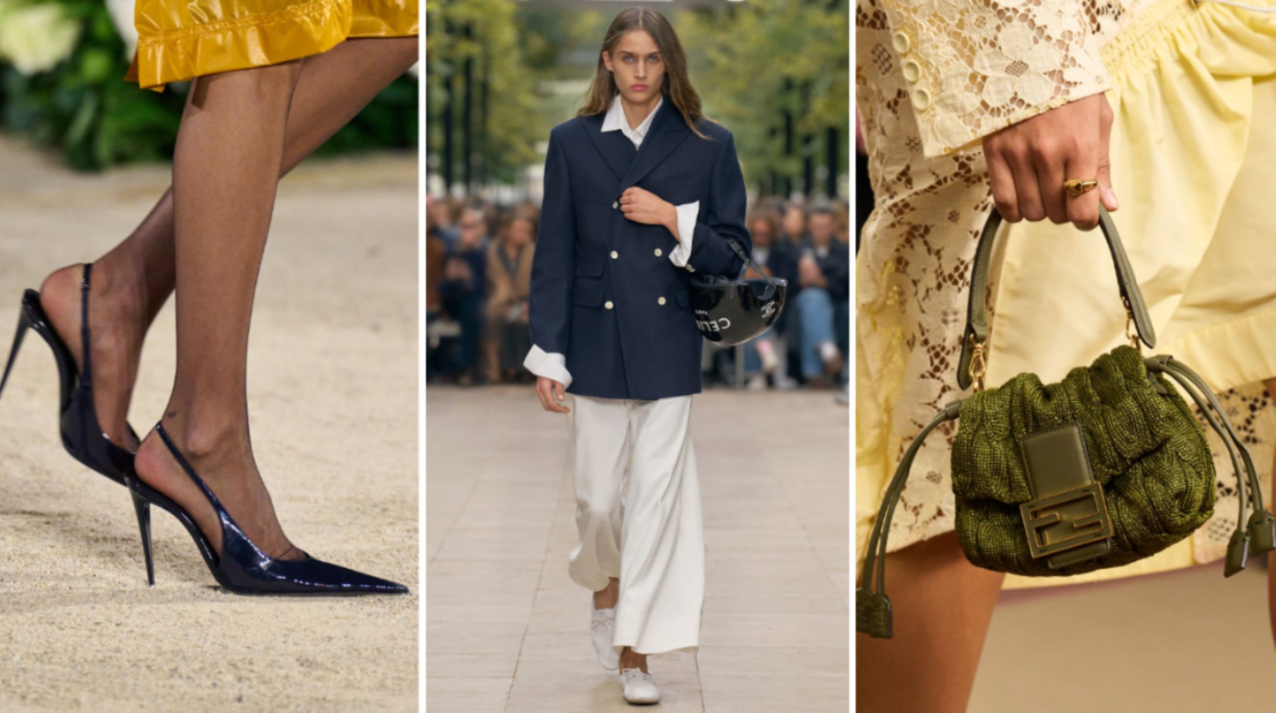 Da sinistra: Borsa Fendi; Blazer Celine; Slingback Saint Laurent PE26 - Credits Launchmetrics.com/Spotlight