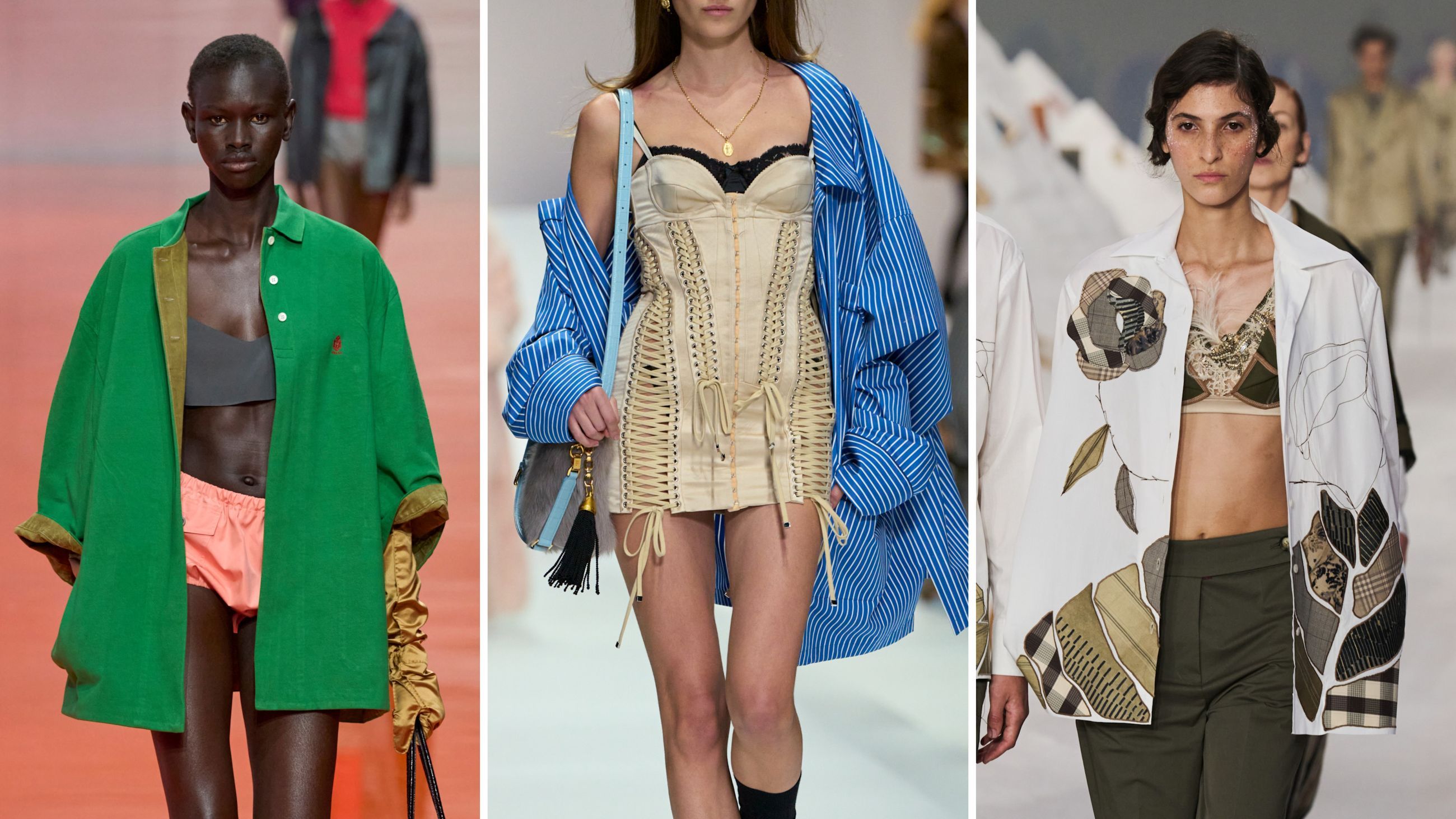 Dalle sfilate PE26: da sinistra Prada; Dolce&Gabbana; Antonio Marras - Credits: Launchmetrics.com/Spotlight