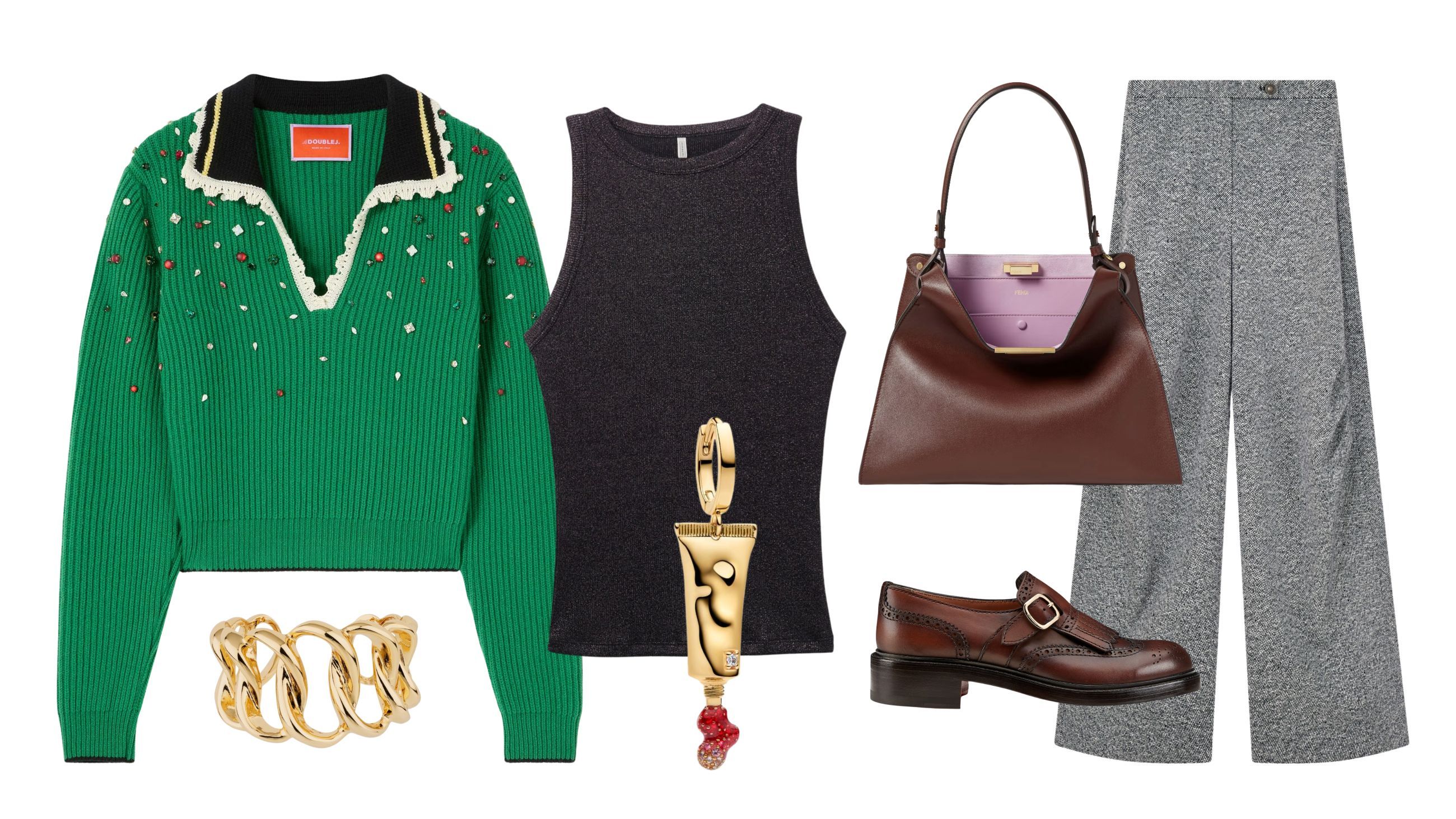 Maglione, La Double J; canottiera, Intimissimi; pantaloni, Emporio Armani; scarpe, Santoni; borsa, Fendi; orecchino, Pandora; bracciale, Gas Bijoux