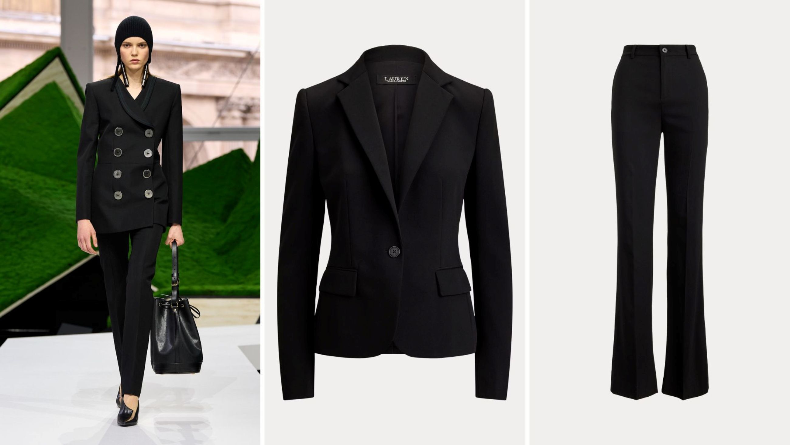 Louis Vuitton FW26; Tailleur nero di Ralph Lauren - Credits: Launchmetrics.com/Spotlight; Courtesy Press Office