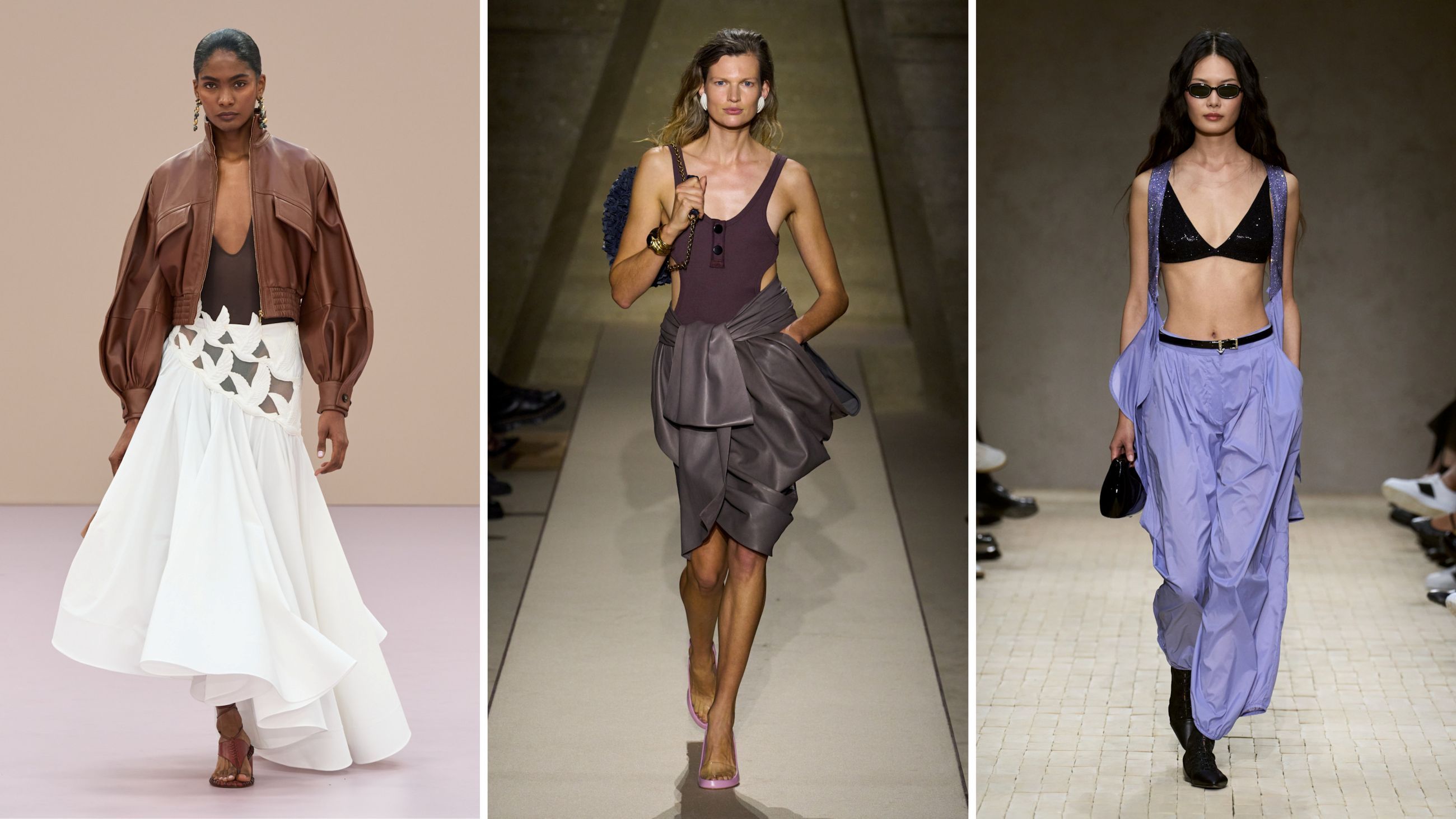 Pronte a sorseggiare un cocktail all’imbrunire? Tra gonne e pantaloni il costume si reinterpreta e il gioco è fatto. Dalle collezioni PE26: da sinistra look Zimmermann; Chloé; Emporio Armani - Credits: Launchmetrics.com/Spotlight