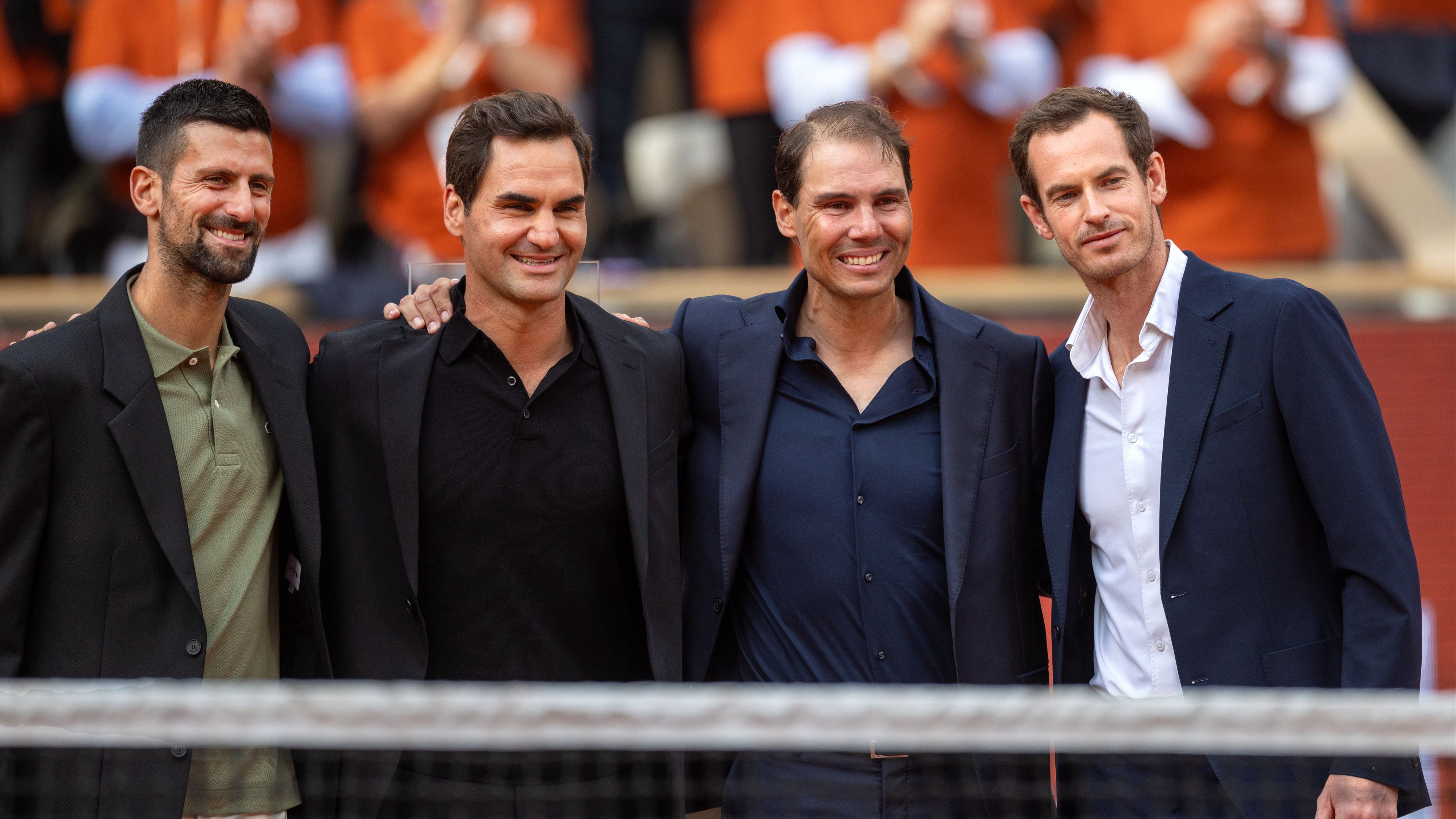 Rafael Nadal con Roger Federer, Novak Djokovic e Andy Murray durante il tributo alla carriera del tennista spagnolo al Roland Garros lo scorso 25 maggio
Credit: Getty Images