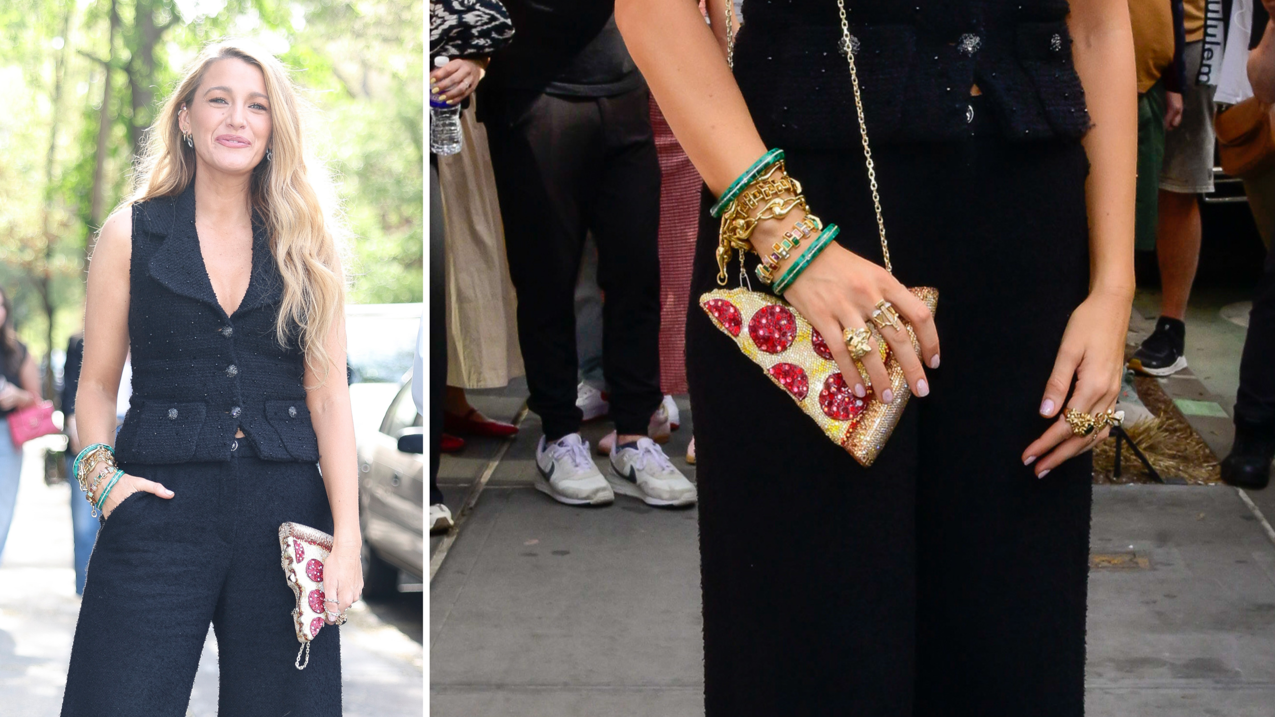 Blake Lively e la borsetta a forma di pizza di Judith Leiber
Credit: Getty Images