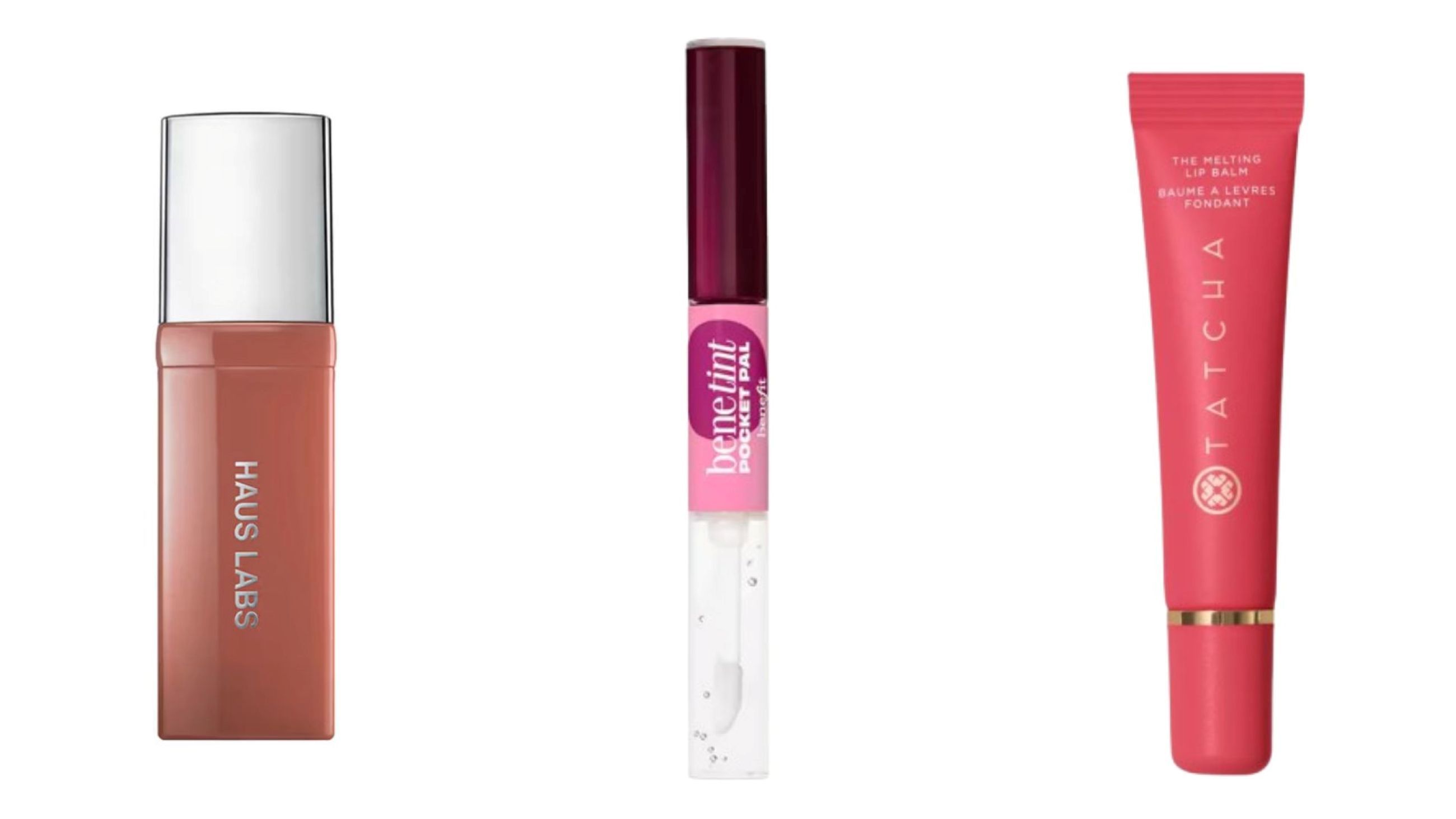 Haus Labs, Atomic Shake Lip Laquer; Benefit, Benetint Pocket Pal; Tatcha, The Melting Lip Balm - Credits: Courtesy Press Office